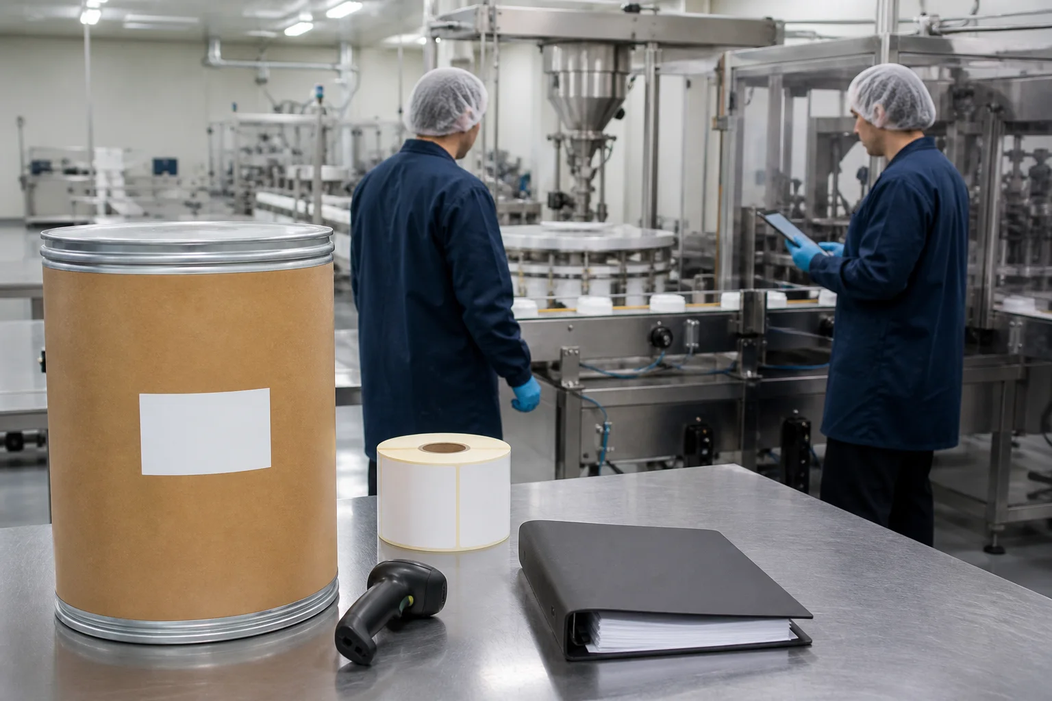 U.S. contract-packing line clearance at a clean supplement packaging room with a sealed PS drum, blank label roll, batch folder, barcode scanner, and operators checking equipment in natural industrial light
