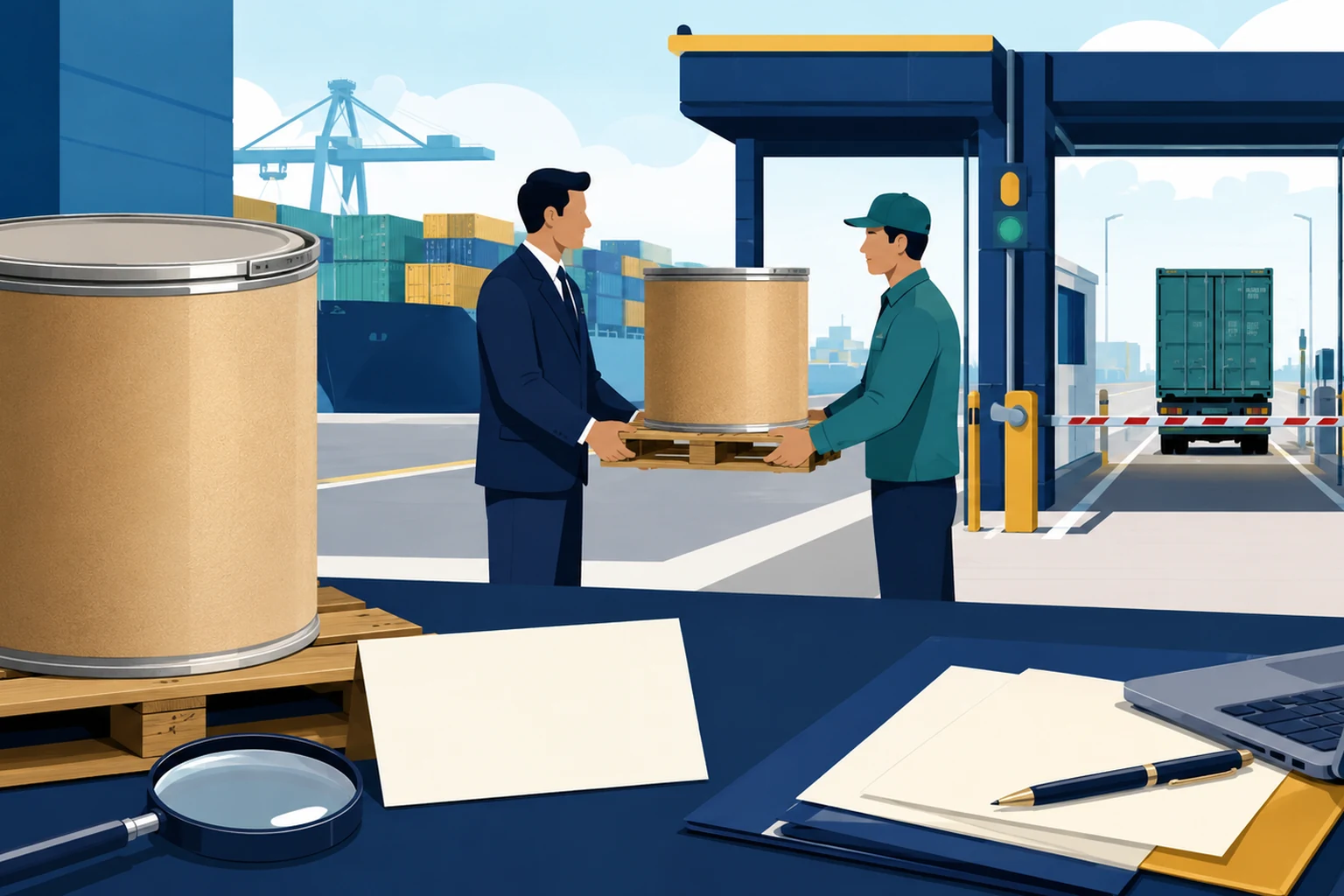 Daylight U.S. import-planning desk with a sealed plain 25 kilogram phosphatidylserine drum on a pallet, a blank customs-bond card under a magnifier, a broker handoff tray, and a port-entry gate with separate single-shipment and repeat-program security lanes in the background