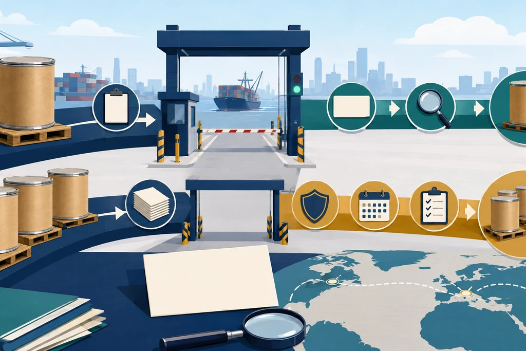 Daylight U.S. customs-bond workflow with a sealed plain 25 kilogram phosphatidylserine drum, a CBP entry gate, one single-shipment lane, one continuous-program lane, a blank bond card under a magnifier, and a port skyline through the window