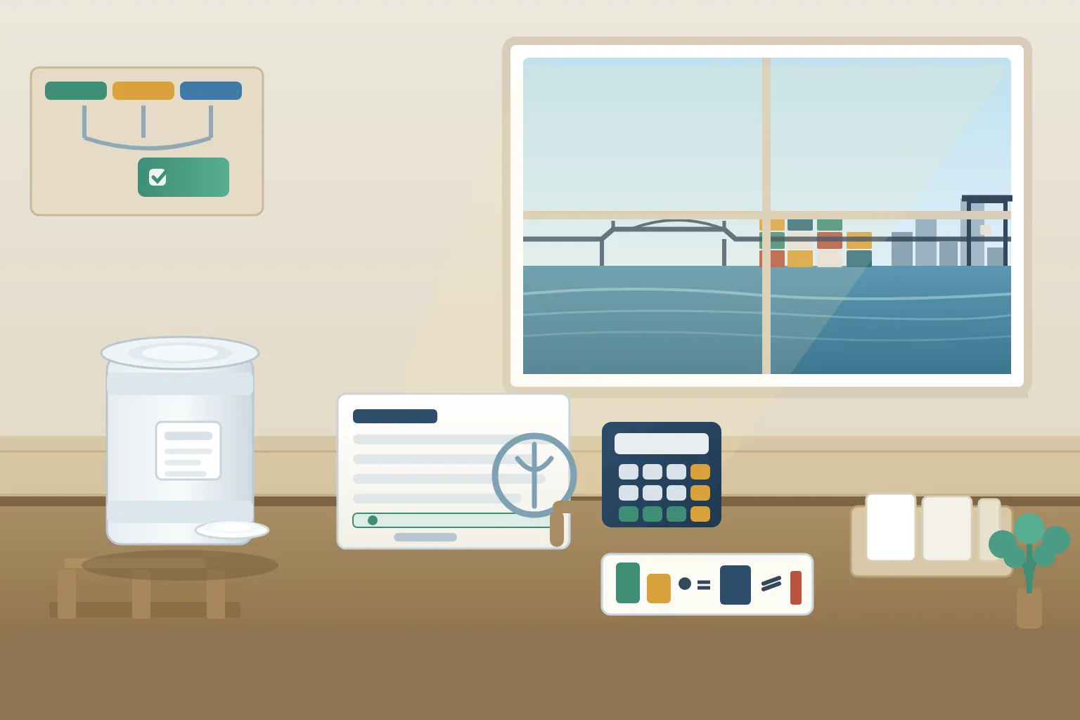 US import-cost review desk for phosphatidylserine with a sealed plain 25 kilogram drum on a pallet, a commercial-invoice card under a magnifier with abstract value-line rows, a blank calculator, a duty-math tile with abstract stacked bars, a broker handoff tray, and a harbor skyline through the window in daylight