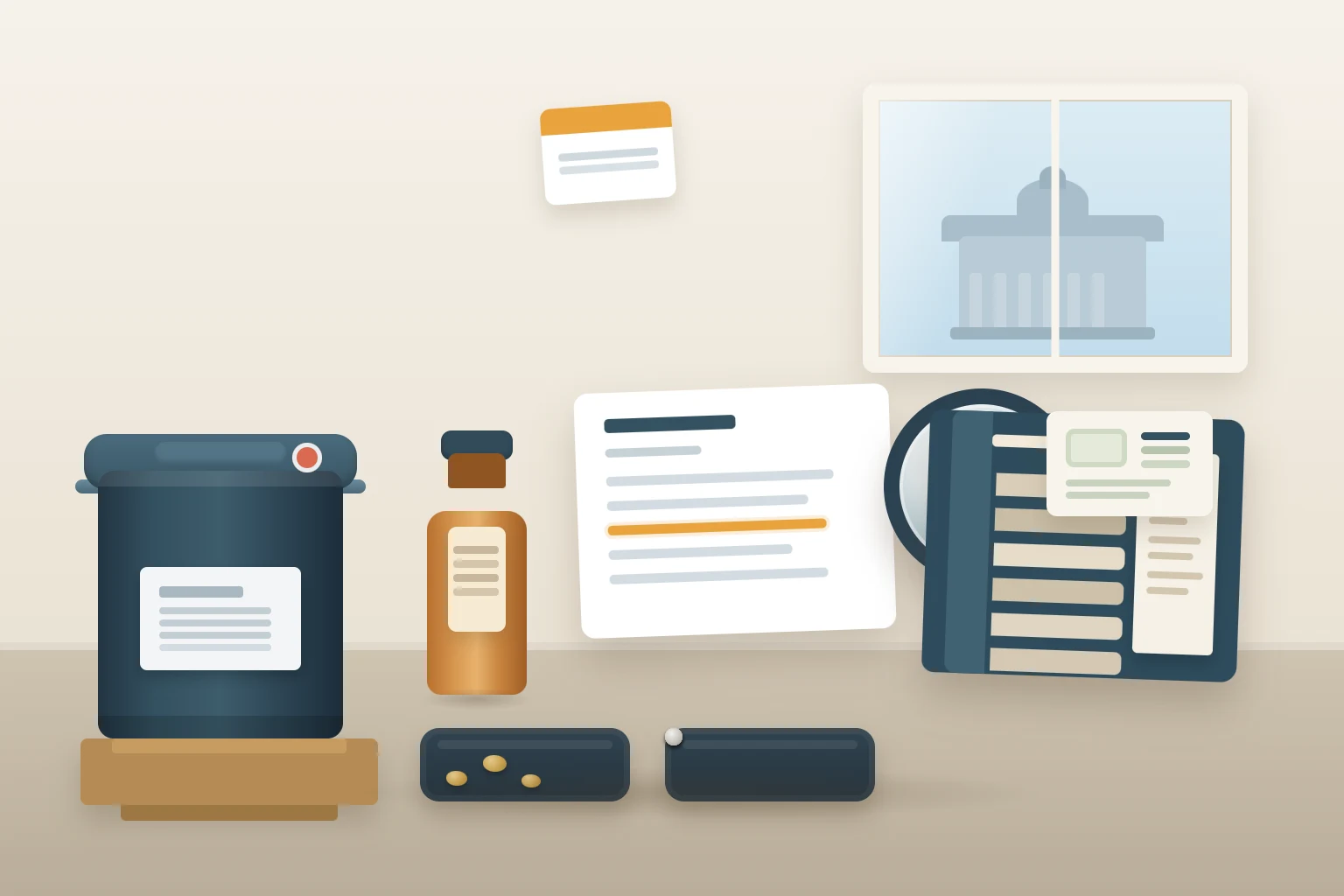 Daylight U.S. regulatory-preparation desk for dietary supplement listing readiness with a sealed plain 25 kilogram phosphatidylserine drum on a pallet, an amber supplement bottle with a blank label, a blank electronic listing form card with abstract field rows under a magnifier, tabbed document file dividers for specification, COA, manufacturer identity, allergen, claims, and traceability, a database search motif, and soy and sunflower source trays