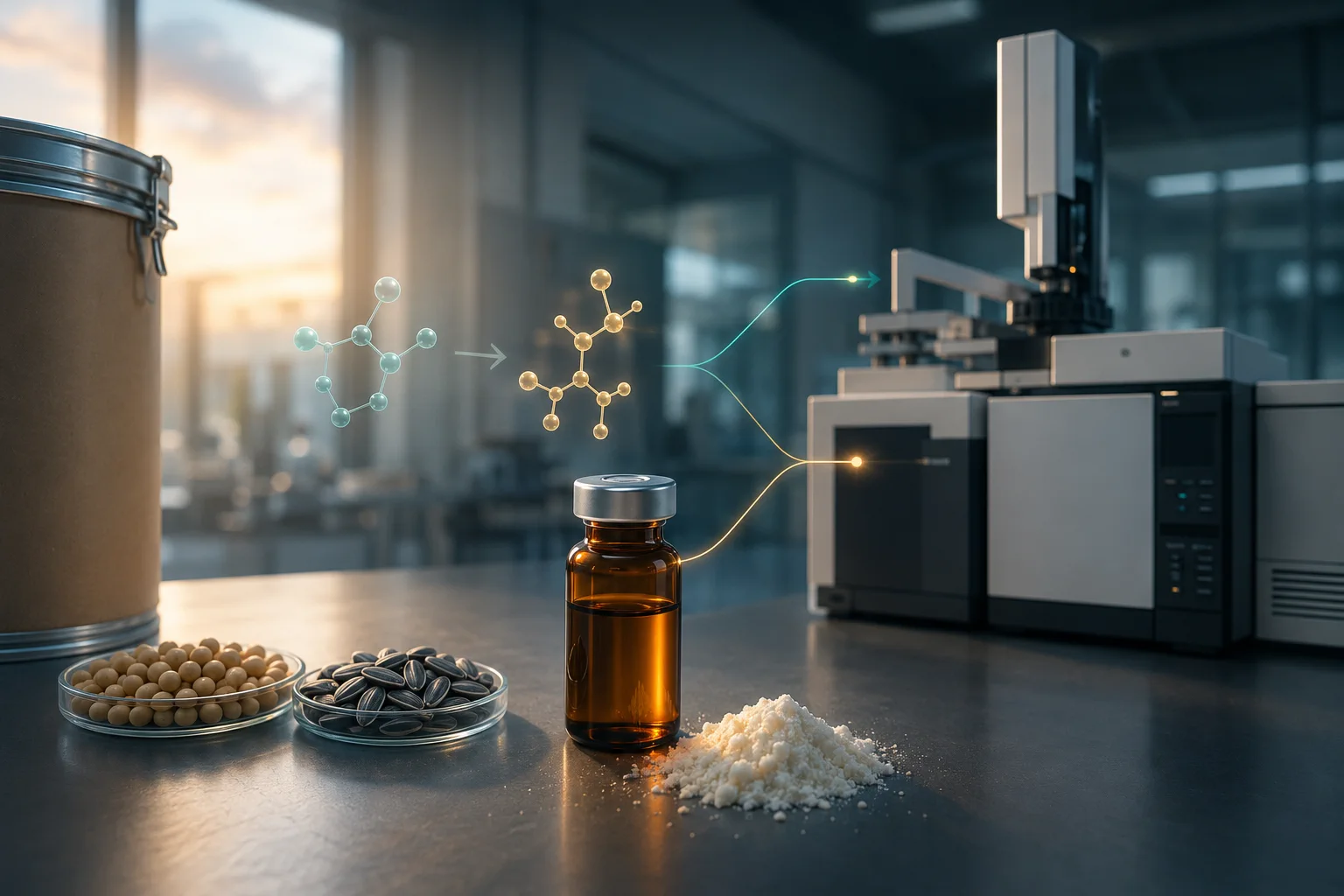 European morning analytical bench for phosphatidylserine ethylene oxide and 2-chloroethanol review with separate soy and sunflower source dishes, a white PS powder sample, an amber headspace vial, two abstract molecular-analysis paths leading to GC-MS/MS instrumentation, and a sealed plain 25 kilogram drum edge