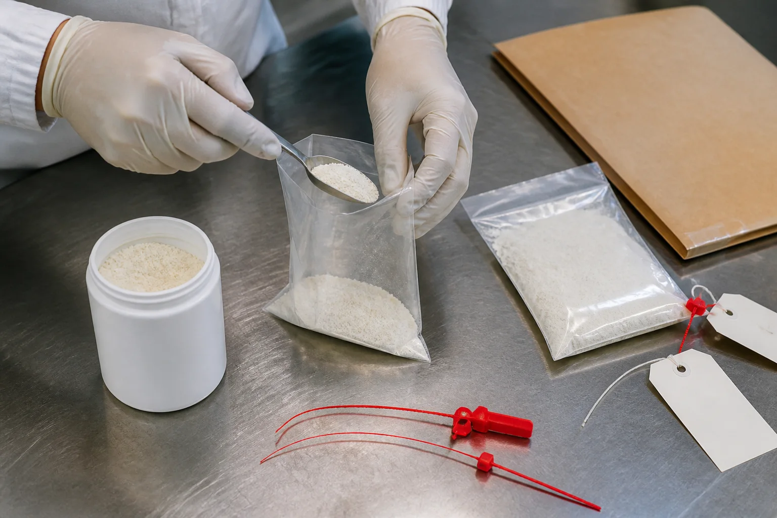 Close-up of a bulk phosphatidylserine import sample being sealed beside a lot label and chain-of-custody tray