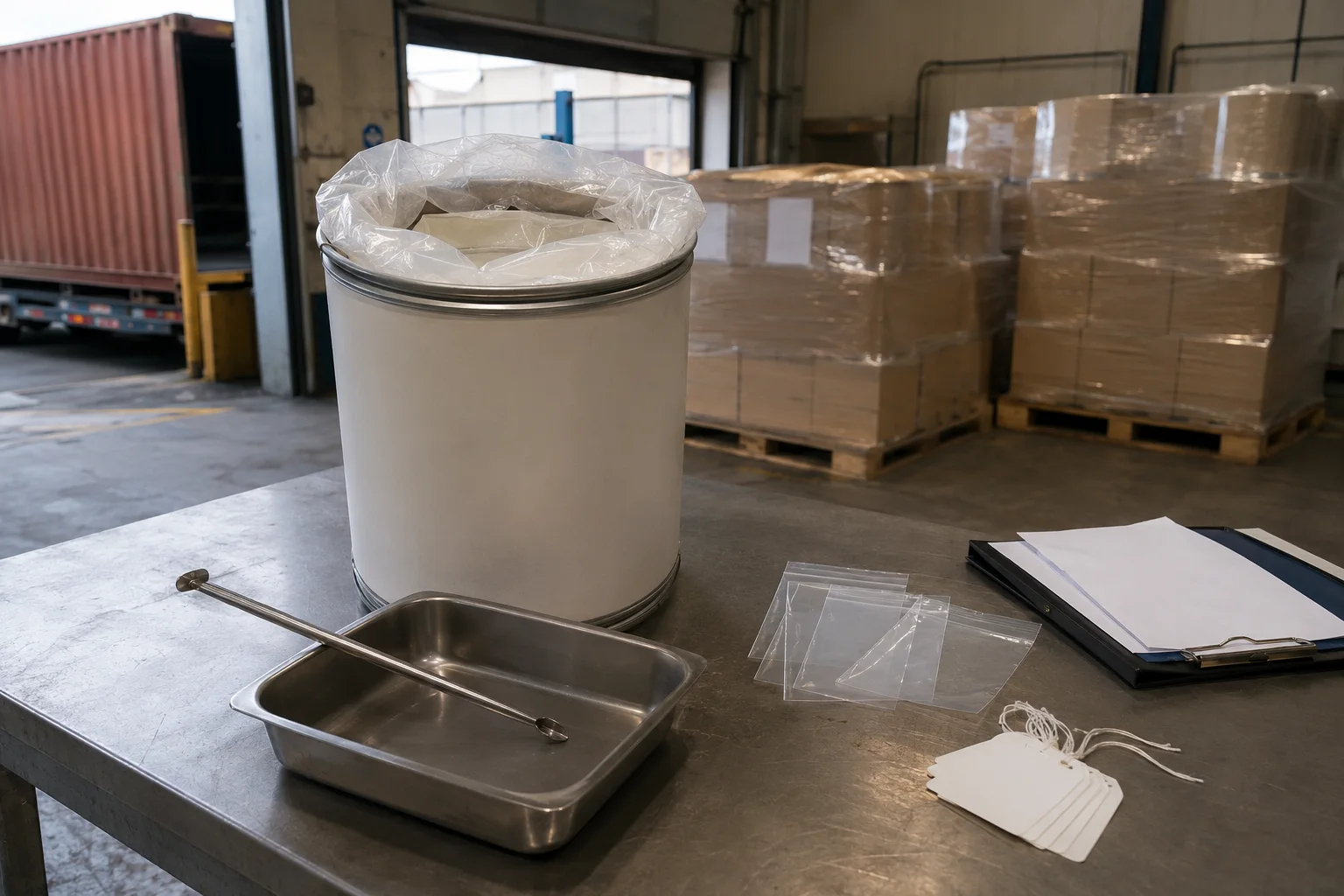 EU import-control readiness desk with a sealed phosphatidylserine drum, intact lot label, clean sampling tools, blank shipping records, and a distant container terminal in natural morning light
