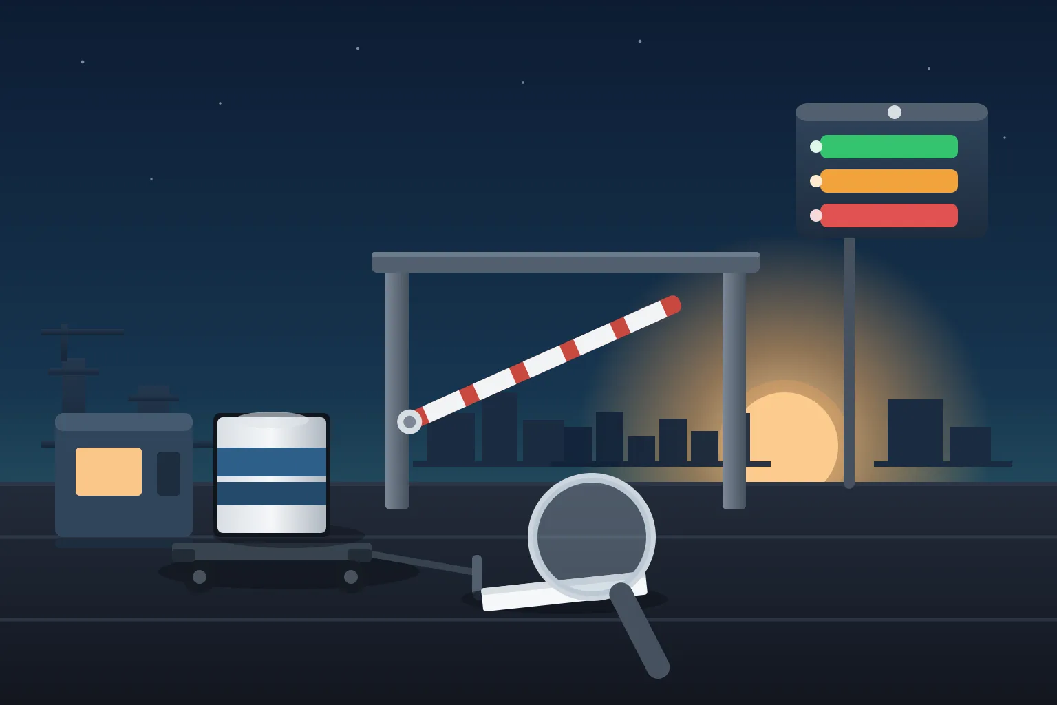 U.S. port import checkpoint at dusk with a sealed 25 kilogram phosphatidylserine drum on a pallet truck stopped at a gate barrier, an abstract three-lane release status board with green amber and red signals, and a magnifier over an unreadable blank detention document
