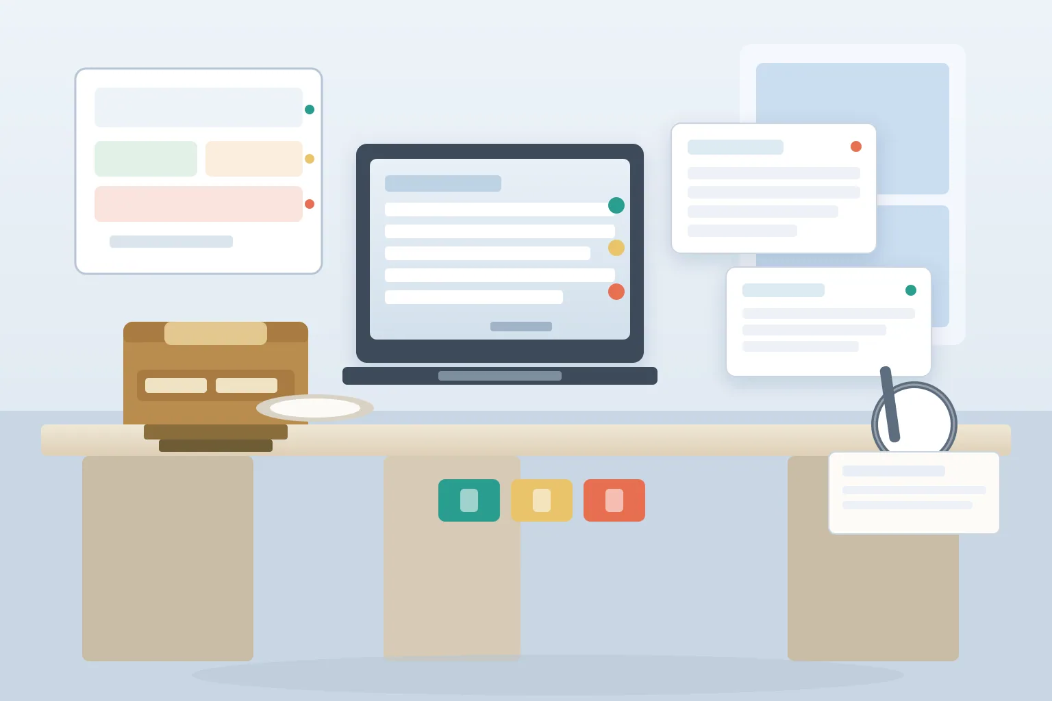 US supplier-qualification review of FDA inspection records with a sealed plain 25 kilogram phosphatidylserine drum on a pallet, a compliance-screen monitor showing abstract database result rows, blank Form 483 observation cards with a magnifier, and green, amber, and red classification gate tiles on a daylight QA desk