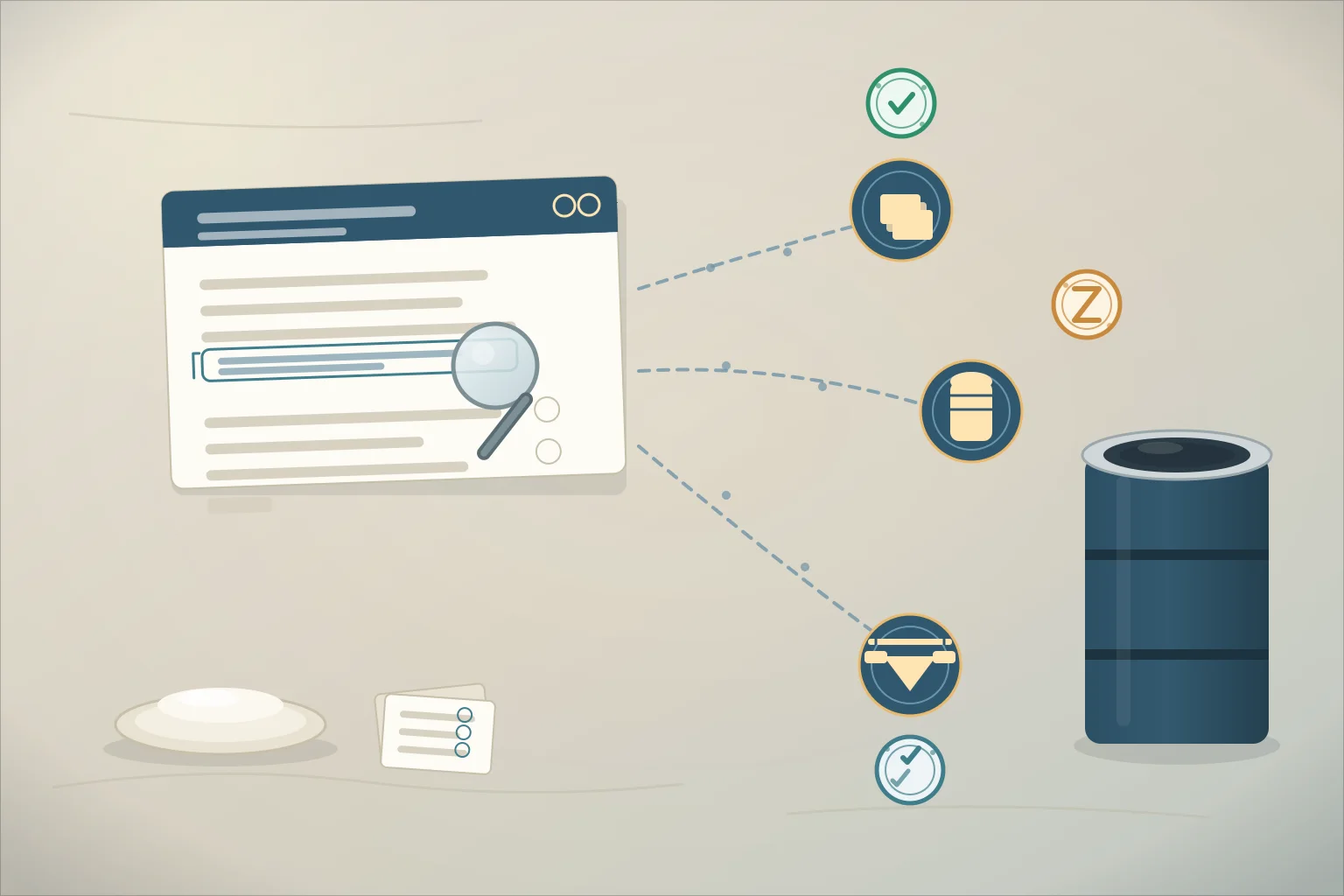European phosphatidylserine supplier certificate-scope review with one blank certificate card feeding separate scheme-register, accreditation-database, and certification-body verification lanes, a magnifier over the scope line, a sealed 25 kilogram drum edge, and a white powder dish