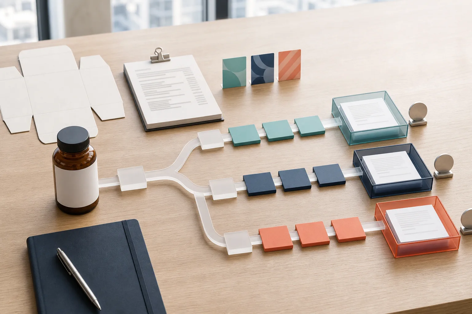 European food-supplement launch planning desk with one unbranded phosphatidylserine bottle branching into three separate national notification lanes, each ending at a blank dossier tray and decision gate