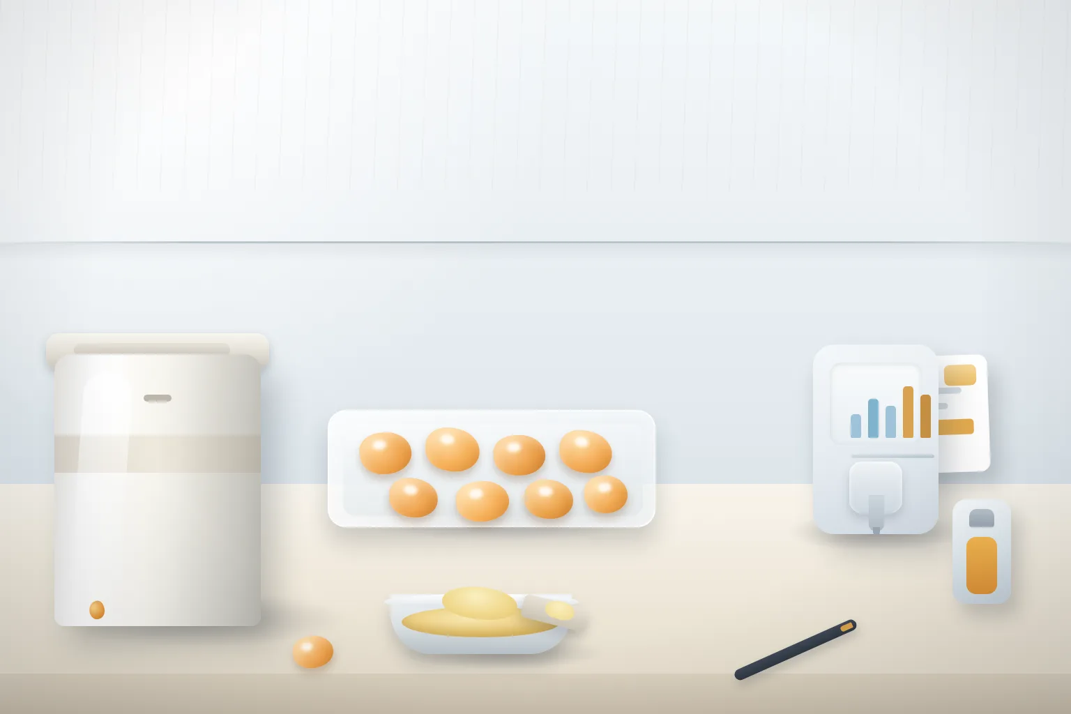 Three-quarter formulation bench for a phosphatidylserine gummy project with a clear tray of amber translucent gummy candies at the centre, a small stainless dish of fine pale-yellow PS powder and scoop in the foreground, a sealed plain 25 kilogram drum edge on the left, a compact water-activity meter with abstract screen bars and a blank spec card with one amber-highlighted assay row on the right, and warm daylight from a window