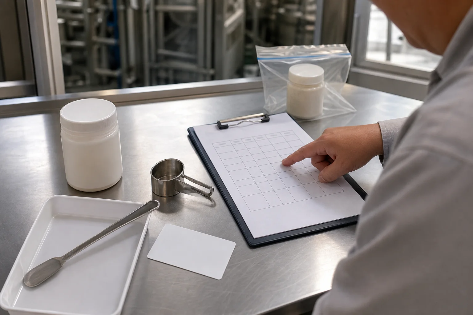 Supplier hazard-analysis review with a PS sample, blank process map, control records, and stainless sampling tools