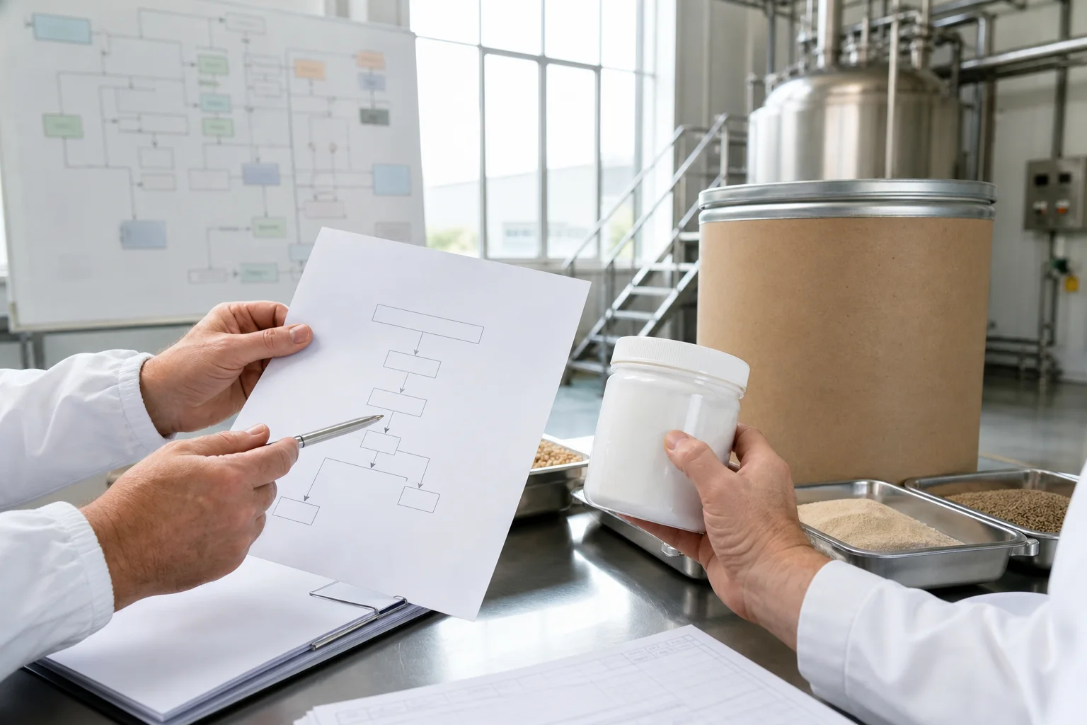 European ingredient buyer and quality specialist reviewing a PS process hazard map beside a sealed drum, source trays, and stainless processing equipment in a real daylight plant office