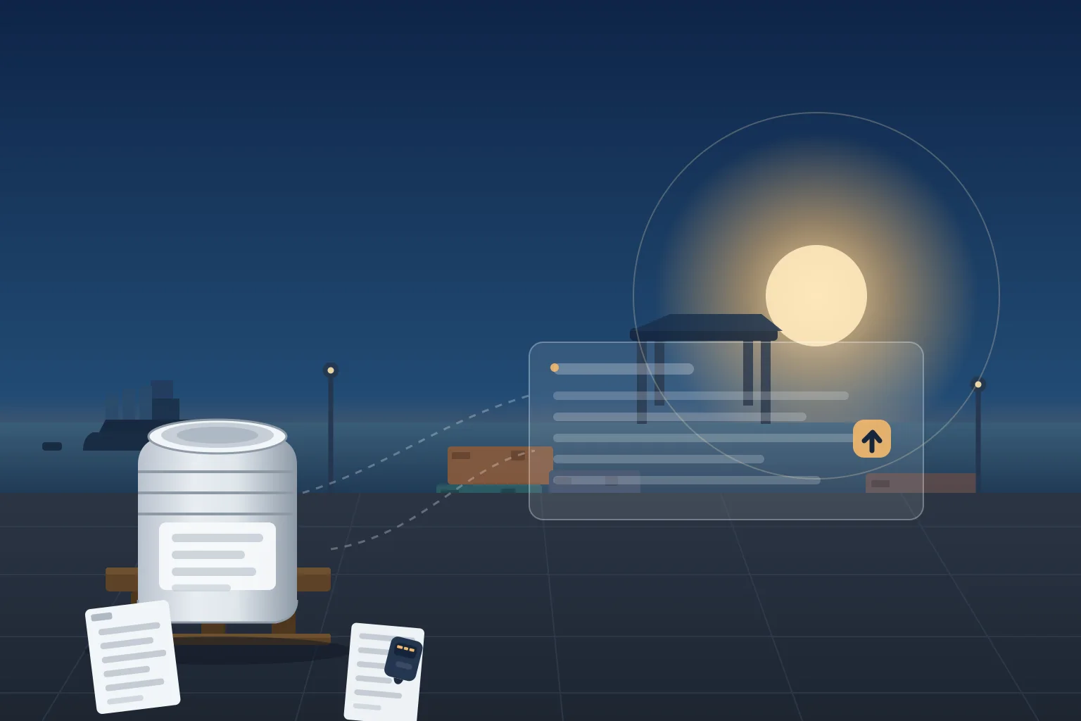 Dawn container terminal scene for European phosphatidylserine imports with a sealed plain 25 kilogram drum on a pallet, blank shipping-instructions clipboard and packing-list card, an abstract translucent pre-arrival data window of unreadable form rows with a gold approval arrow, and a container ship and gantry crane in soft morning haze