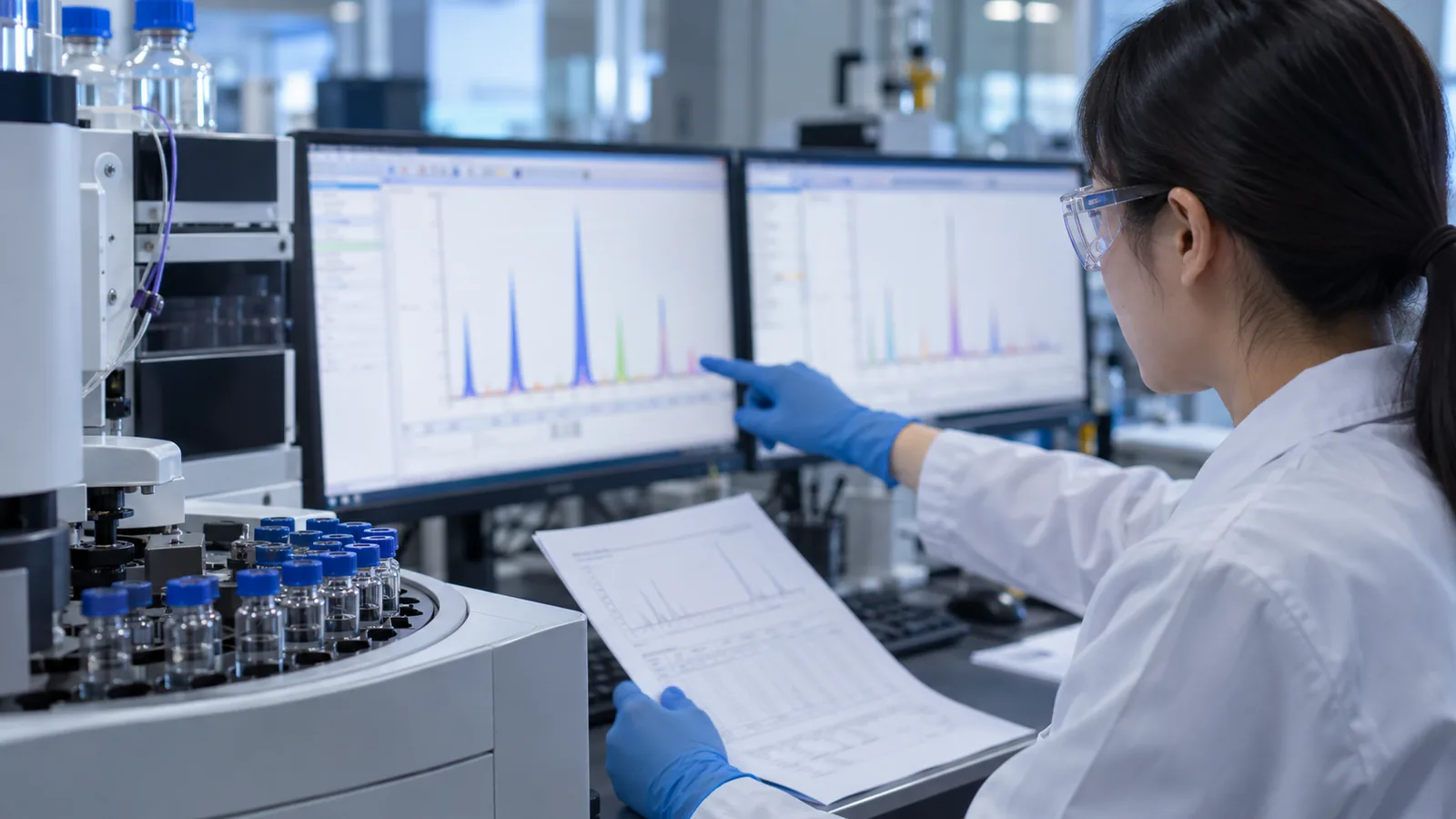 Analyst reviewing chromatograms and fatty acid composition data for phospholipid source verification