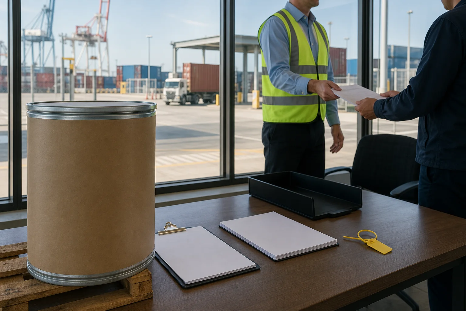 Cross-border PS entry review with a sealed drum, blank commercial invoice, broker handoff tray, port gate, and separate U.S. and EU route markers in realistic daylight