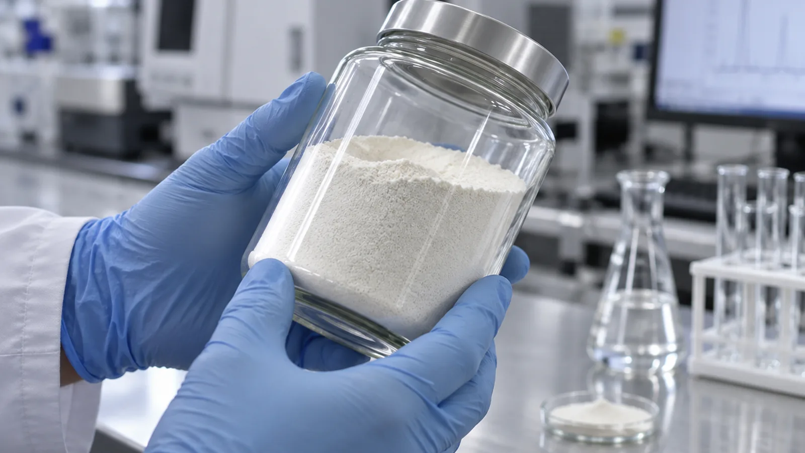 Close view of phosphatidylserine specification sheets and contaminant test reports being checked against infant nutrition limits