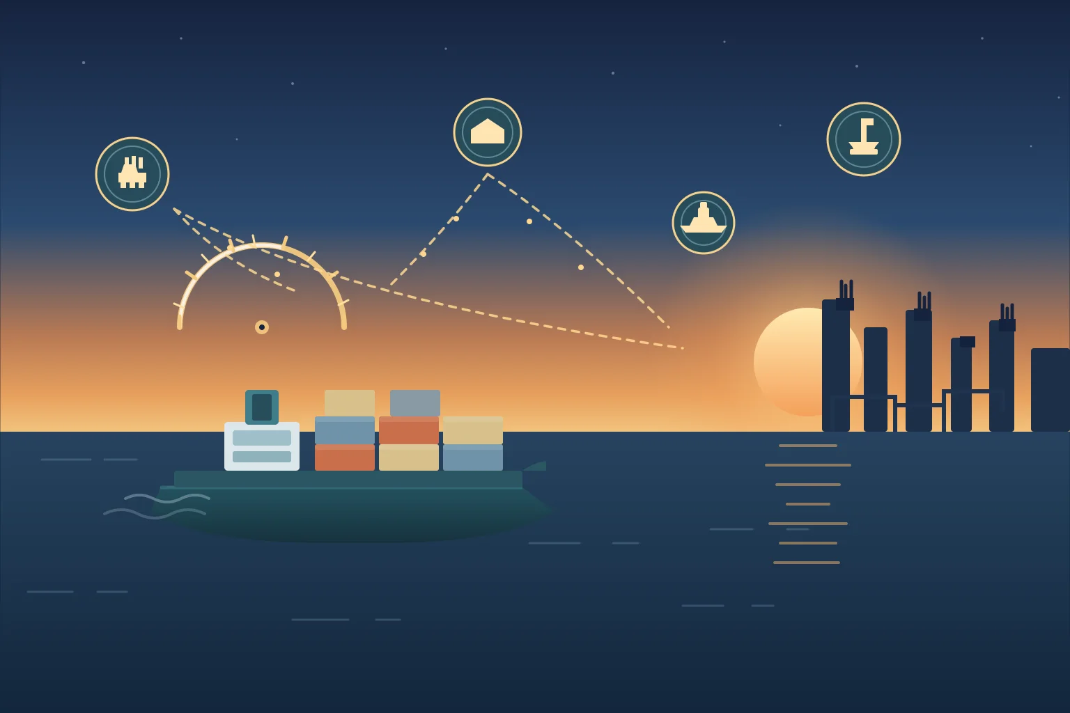 Container vessel on open water at dusk with abstract data-link nodes connecting manufacturer, consolidator, carrier, and importer into one advance-filing flow, an arc-shaped 24-hour clock motif above the bridge, and a distant U.S. port skyline