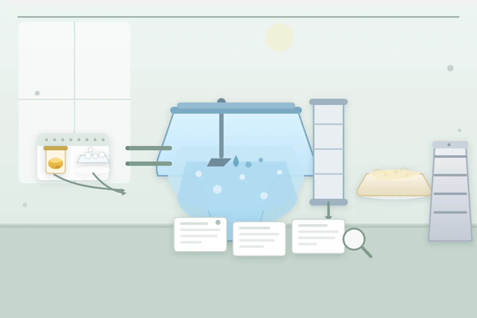 Daylight technical review scene of the bulk phosphatidylserine manufacturing process with a golden lecithin sample jar and white L-serine crystal dish on the left feeding an abstract transparent enzymatic conversion vessel with an enzyme droplet motif at the centre, a purification column, a pale-yellow PS powder dish, a sealed plain 25 kilogram drum edge on the right, and three blank process-evidence cards under a magnifier in the foreground