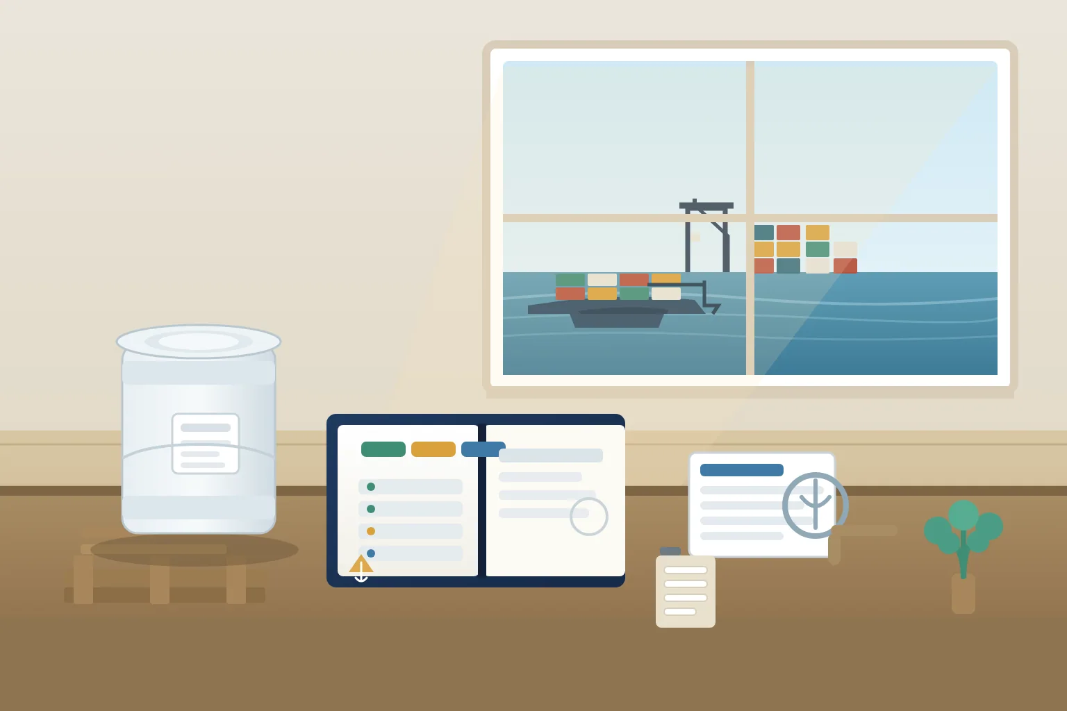 US and Canada portside logistics office reviewing marine cargo insurance for a phosphatidylserine shipment: a sealed plain 25 kilogram drum on a pallet, an open cargo-policy binder with blank green amber and blue coverage tabs, a single-shipment insurance certificate card under a magnifier, and a container vessel at a port terminal seen through the office window