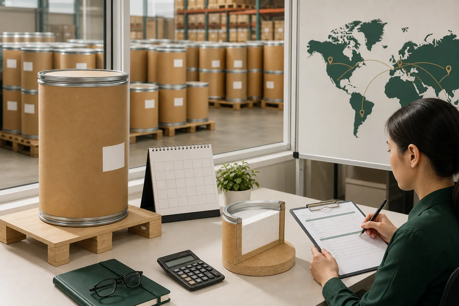 Bulk phosphatidylserine order planning desk with one 25 kilogram drum, packaging plan, calendar, and logistics schedule
