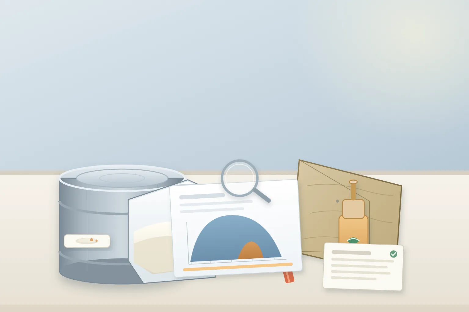 Mineral oil hydrocarbon review desk for phosphatidylserine with a cutaway sealed plain 25 kilogram drum showing a white powder bag inside a food-grade liner, a recycled-paperboard sheet separated from the drum by a divider, a blank COA sheet with two abstract chromatogram humps, a magnifier, a food-grade lubricant dropper bottle, and a packaging-declaration card in cool daylight