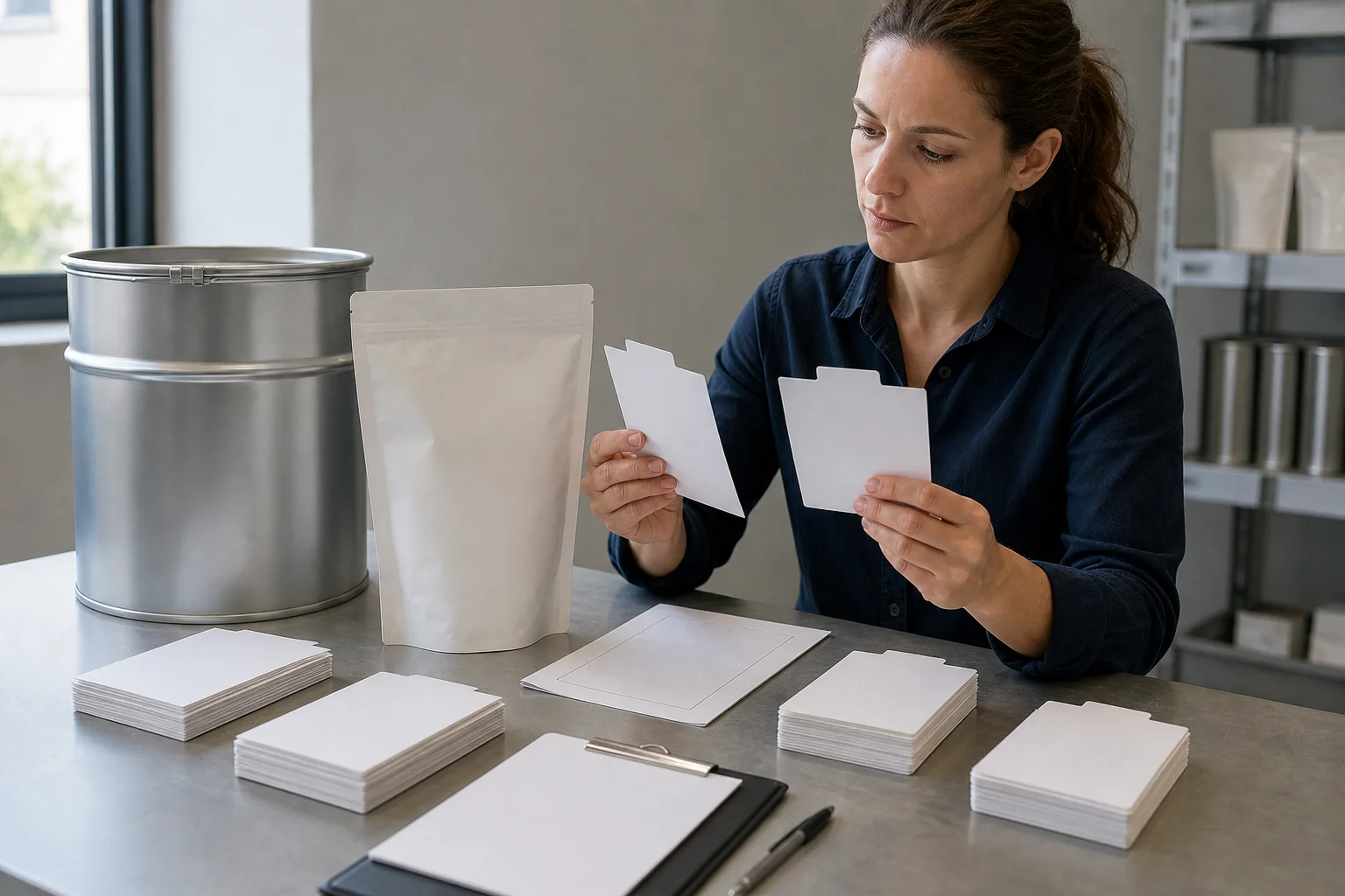 European regulatory team reviewing blank multilingual label panels for soy and sunflower PS beside a sealed drum and unbranded supplement package in a daylight studio