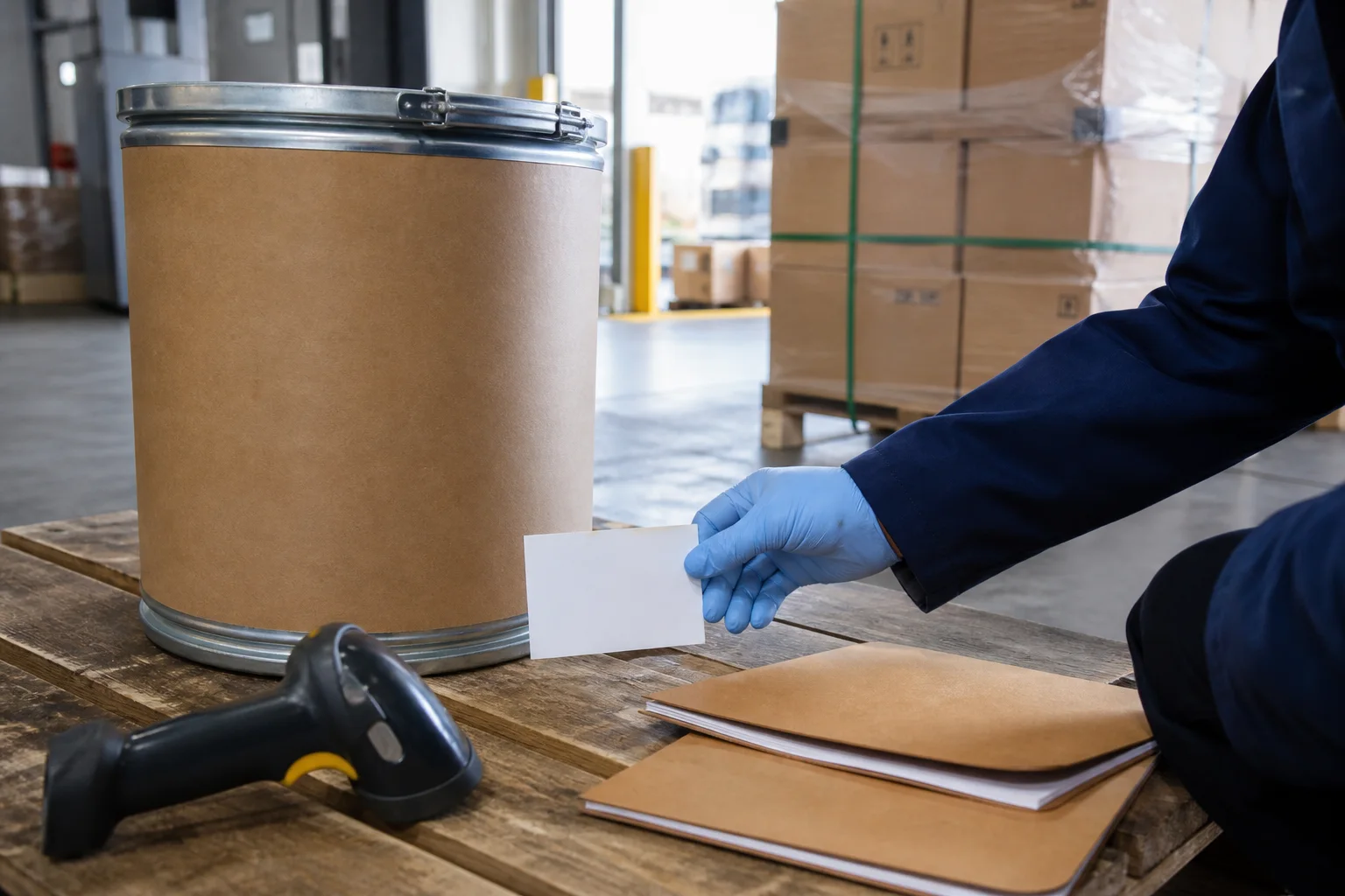 Lot traceability handoff showing PS drum, barcode scan, supplier record, and downstream dispatch label