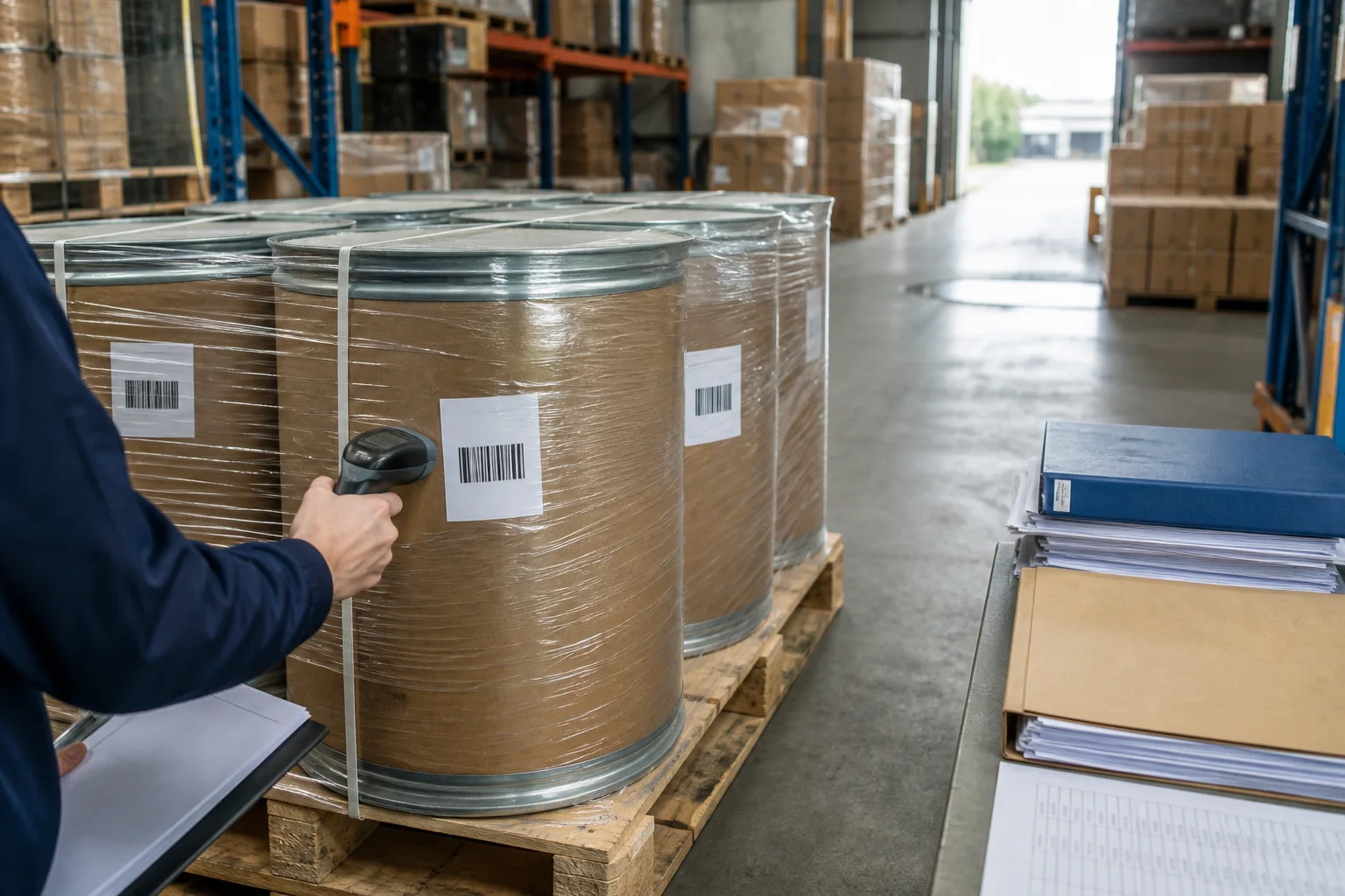 European distributor traceability review with linked PS drum labels, receiving barcode scan, supplier and customer folders, and a pallet route through a daylight warehouse