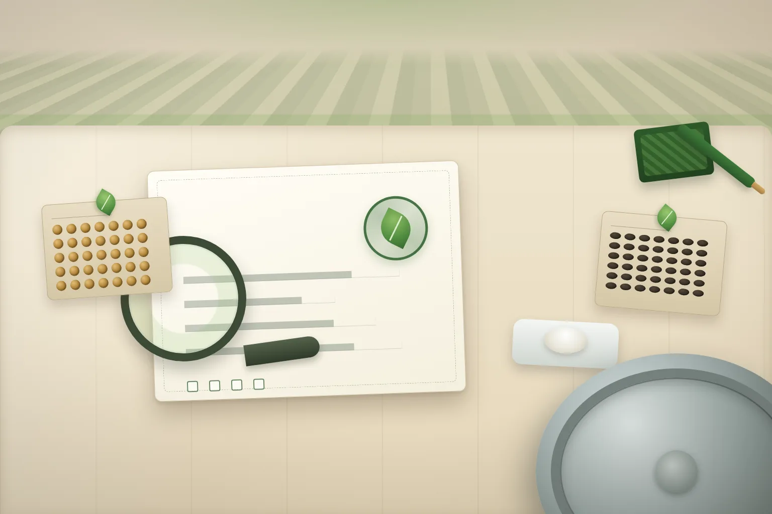 Top-down organic certification review desk for phosphatidylserine with a blank certificate card showing an abstract green leaf seal, soy and sunflower source trays with leaf motifs, magnifier, pen, white powder dish, and sealed plain drum edge over a green field-pattern background