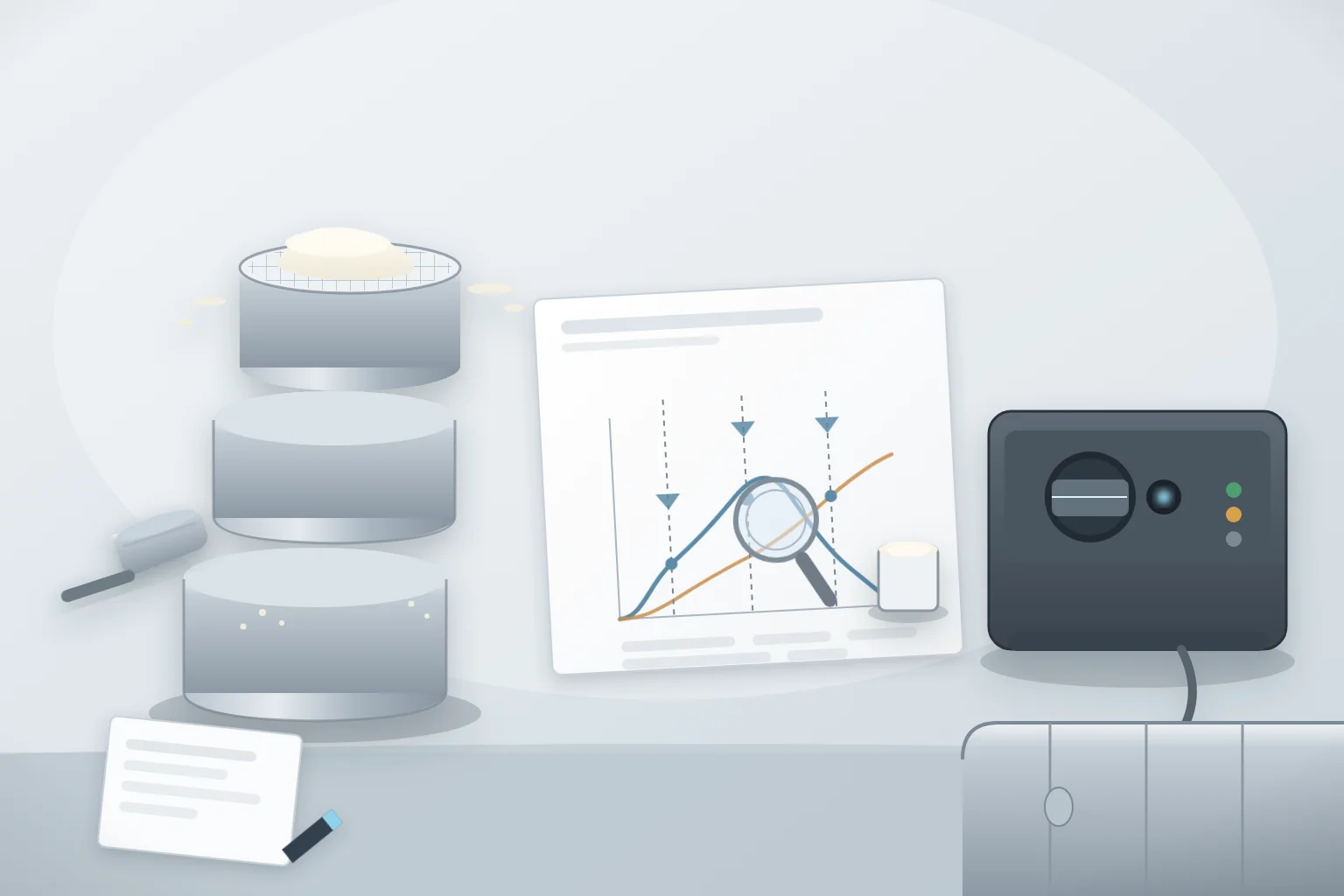 Quality reviewer comparing a stainless analytical sieve stack holding fine phosphatidylserine powder, a laser diffraction reading unit, and a blank particle size distribution report with an abstract bell-curve plot and D-value markers at a sourcing desk