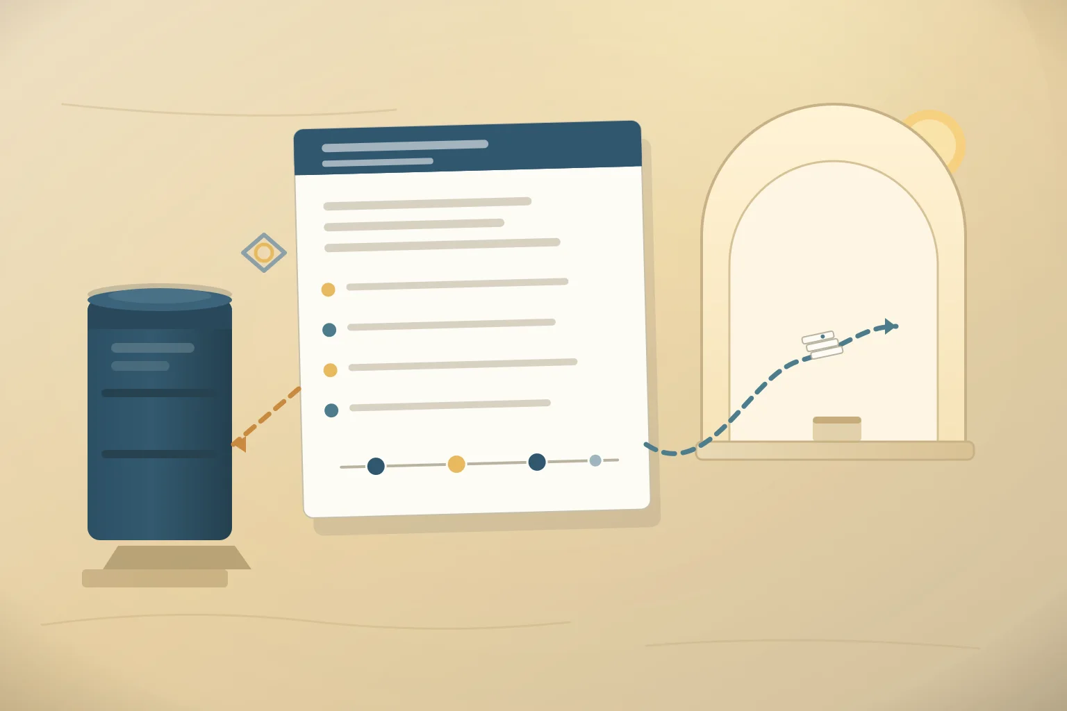 European procurement-finance desk at morning light planning phosphatidylserine payment terms, with a sealed ingredient drum, a blank contract sheet and milestone schedule, two separate payment rails through a bank window, and a distant container terminal