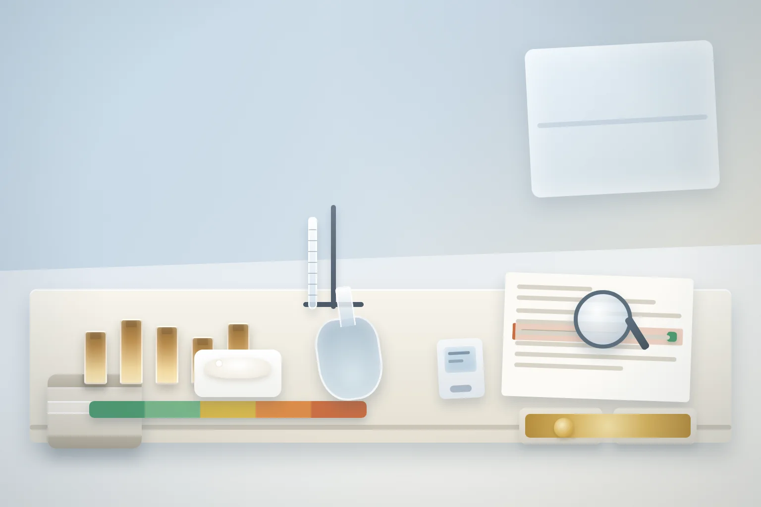 Cool-toned analytical review bench with chilled amber sample vials on a color-block oxidation indicator strip, a white phosphatidylserine powder dish, a titration flask and burette, a magnifier over a blank COA sheet with an abstract highlighted result row, a sealed plain 25 kilogram drum edge, a temperature and humidity logger, and soy and sunflower source trays