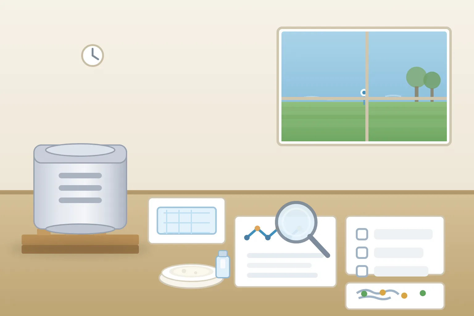 Daylight US phosphatidylserine PFAS screening review desk with a sealed plain 25 kilogram drum on a pallet at the left, a white PS powder dish at the centre, a blank PFAS screening report card under a magnifier with abstract fluorinated-chain molecule icons, an abstract declaration card with a blank checkmark row, a state-law status tile with green and amber markers, a food-contact liner sample card, and a water-side industrial skyline with container cranes through the window