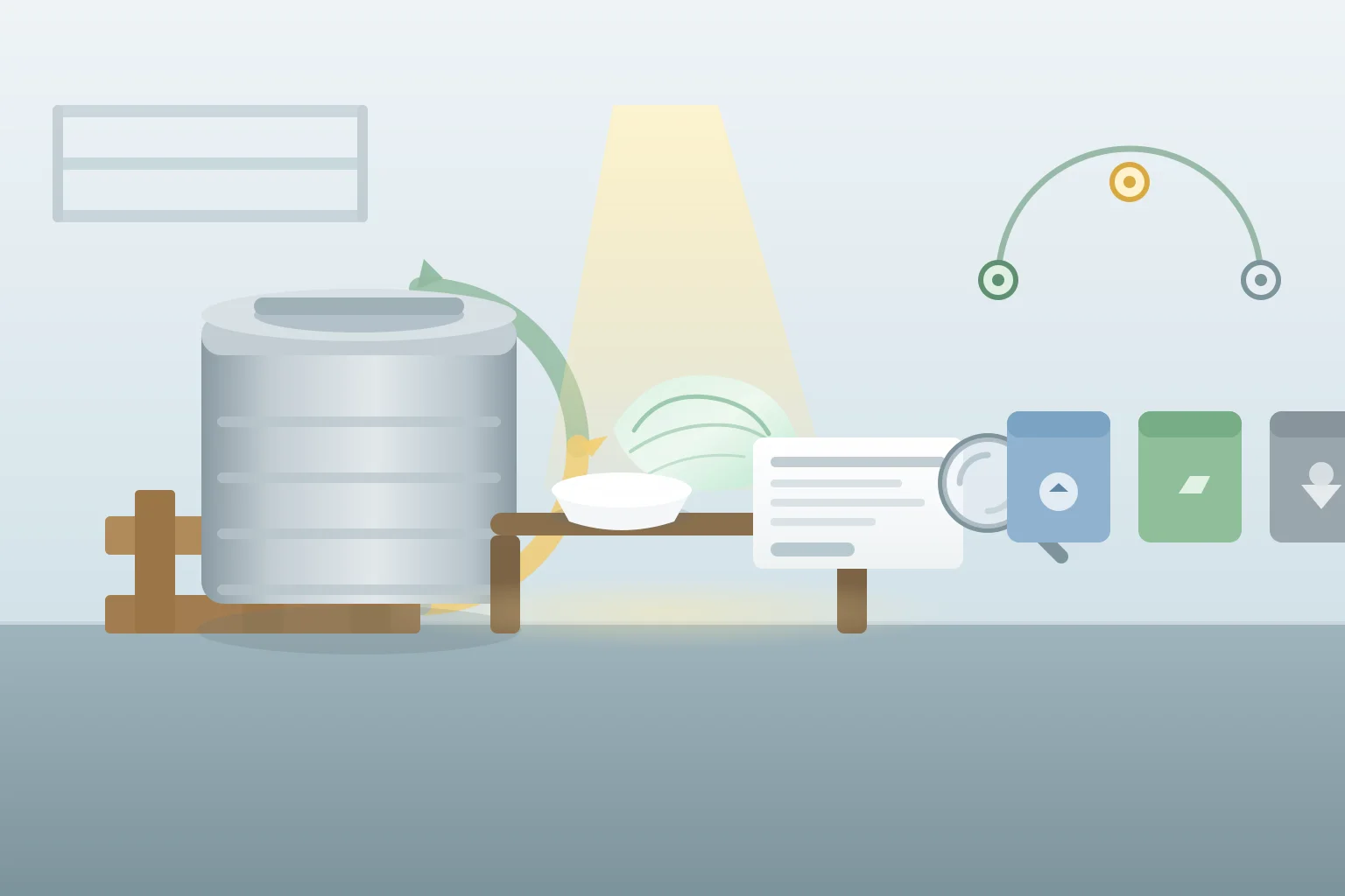 Circular-economy packaging audit scene for European phosphatidylserine imports with a sealed plain 25 kilogram drum on a pallet at the left, a translucent plastic liner swatch held under a light beam at the centre, three sorting bins with abstract blank pictograms on the right, a blank EU Declaration of Conformity card under a magnifier, an abstract circular-arrows recycling loop around the drum, and a soft three-node timeline arc suggesting 2026 2028 and 2030 milestones in cool morning light with green and amber accents