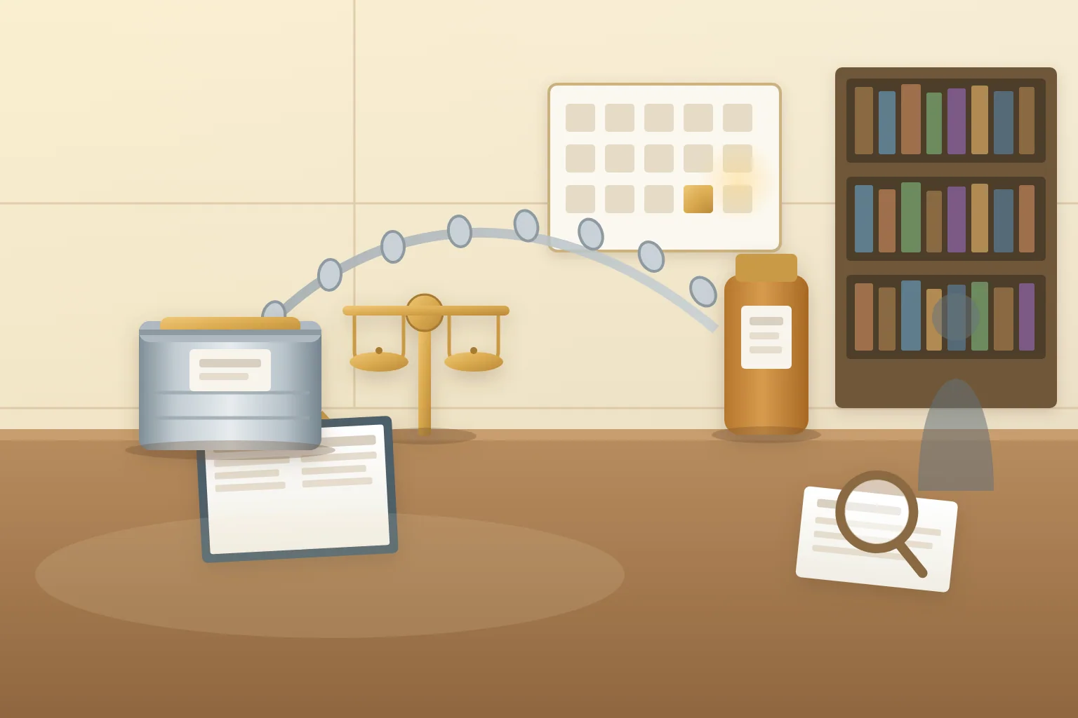 European liability-preparation desk for phosphatidylserine imports in warm morning light with a sealed plain 25 kilogram drum edge on the left, an open evidence binder with blank tabbed dividers at the centre, an abstract balance scale with a chain-link arc connecting the drum to an unbranded capsule bottle and a soft consumer silhouette, a wall date board with one highlighted blank deadline tile, a magnifier over a blank contract-clause card on the right, and a muted bookshelf backdrop