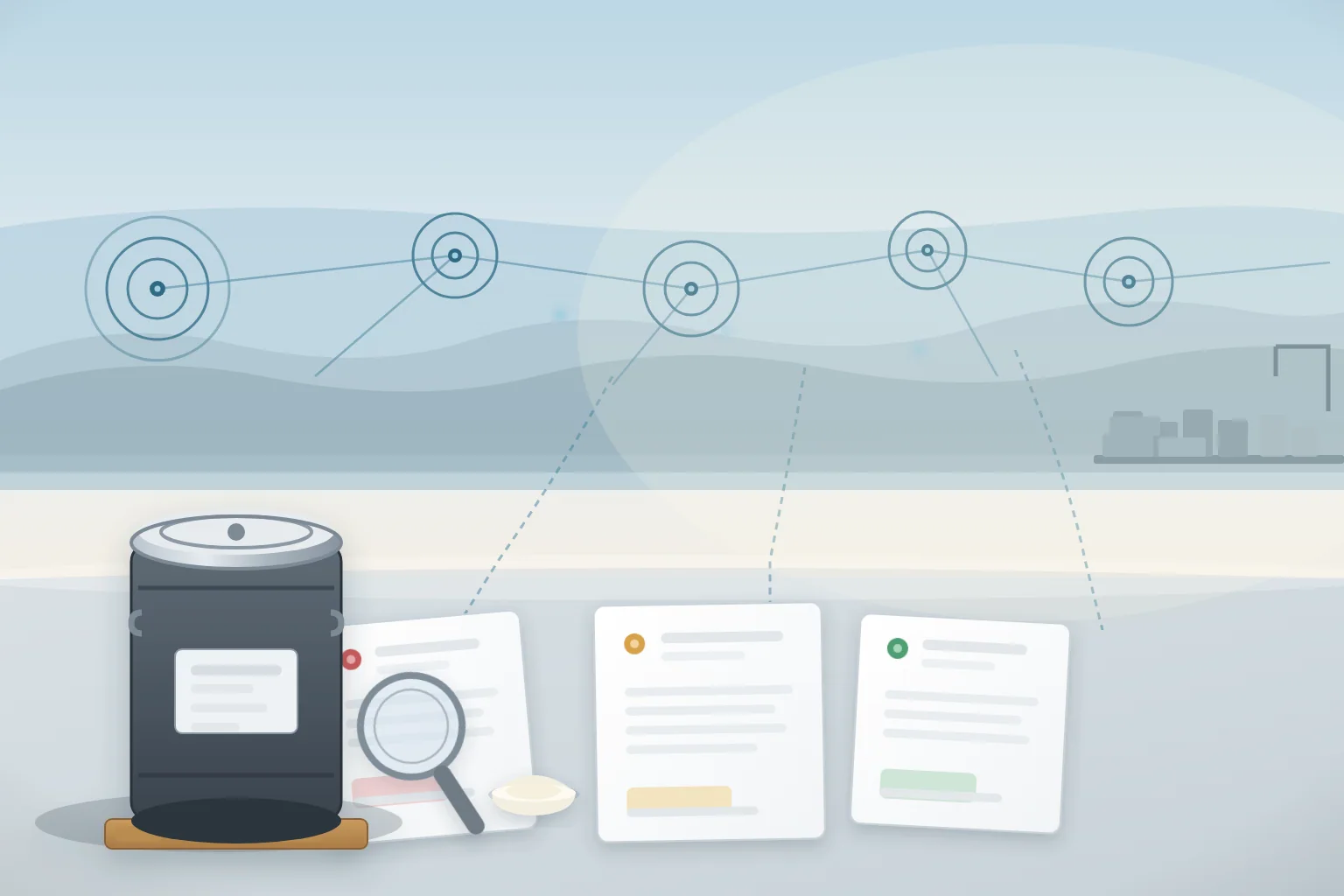 European morning early-warning review desk with an abstract EU network map of alert node points and signal rings feeding three blank notification lanes marked by green amber and red status markers, a sealed plain 25 kilogram phosphatidylserine drum on a pallet, a magnifier, and a distant container port