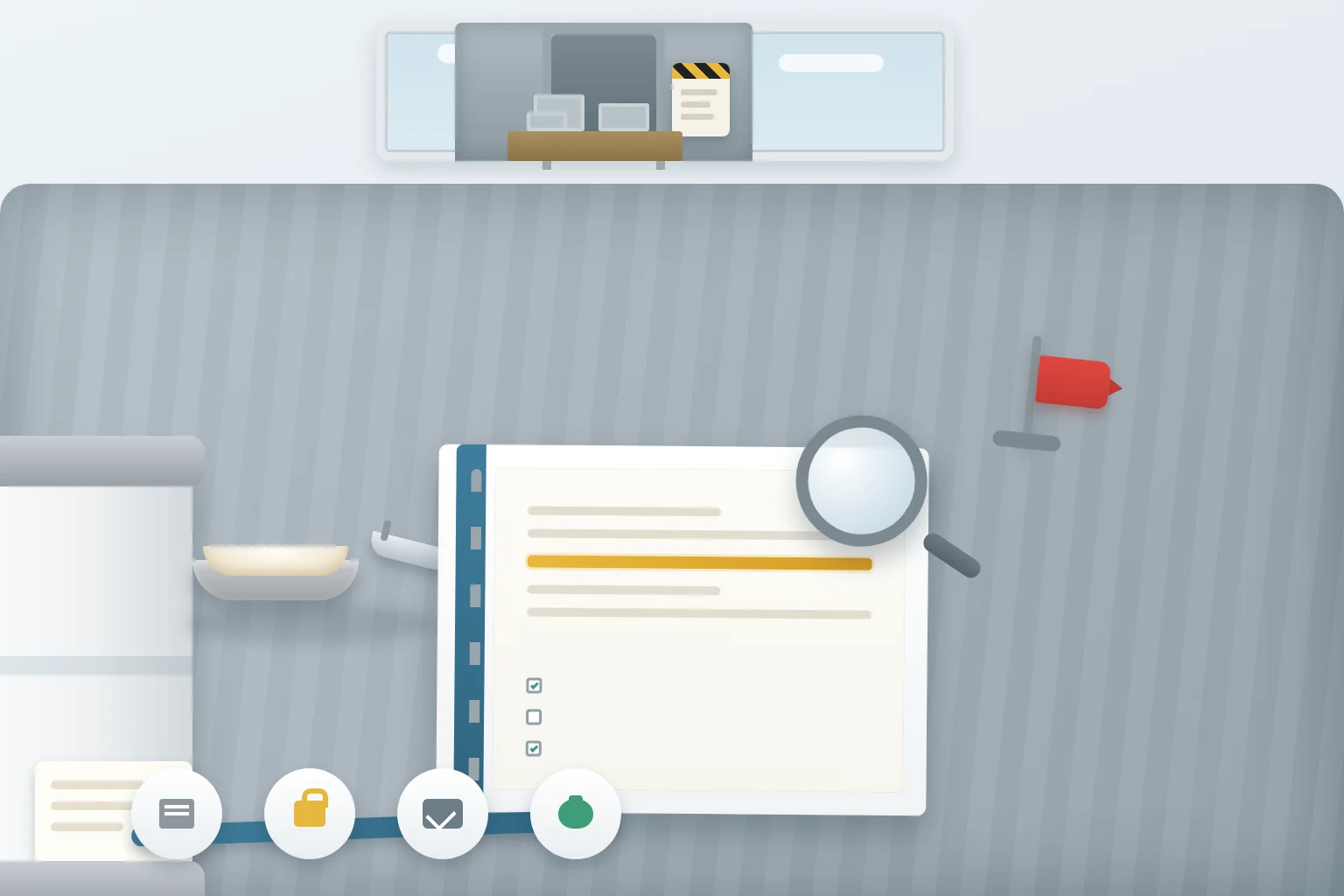 Cool-toned quality-office scene for a phosphatidylserine recall-readiness review with a four-node receive-to-notify timeline ribbon (box, lock, route, and bell icons), a central recall-plan binder with ring spine, abstract checklist, and one highlighted lot-code row, a fine white PS powder dish and scoop, a sealed plain 25 kg drum edge with a blank lot-label card and barcode, a red incident flag, a magnifier over the binder, and a warehouse door with a striped hold panel seen through the window