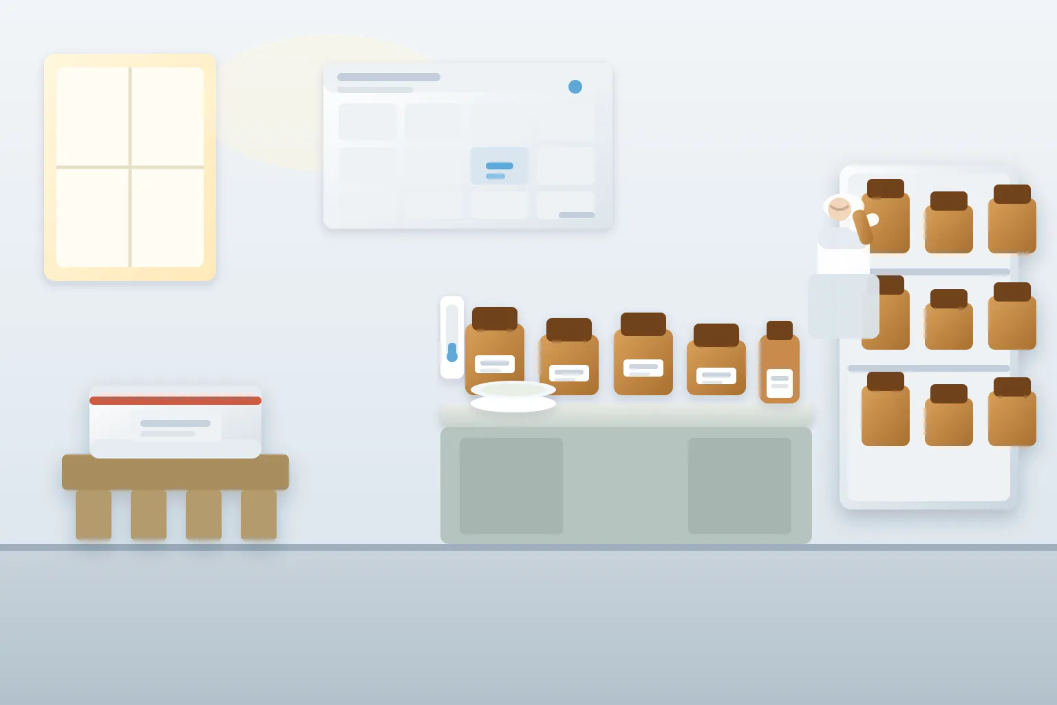 US quality-control reserve-sample review with a sealed plain 25 kilogram phosphatidylserine drum on a pallet, a retention-calendar board with blank month tiles, sealed amber sample jars with blank lot stickers, a white powder dish, a finished supplement bottle mockup, and a temperature and humidity logger on a daylight warehouse QA bench