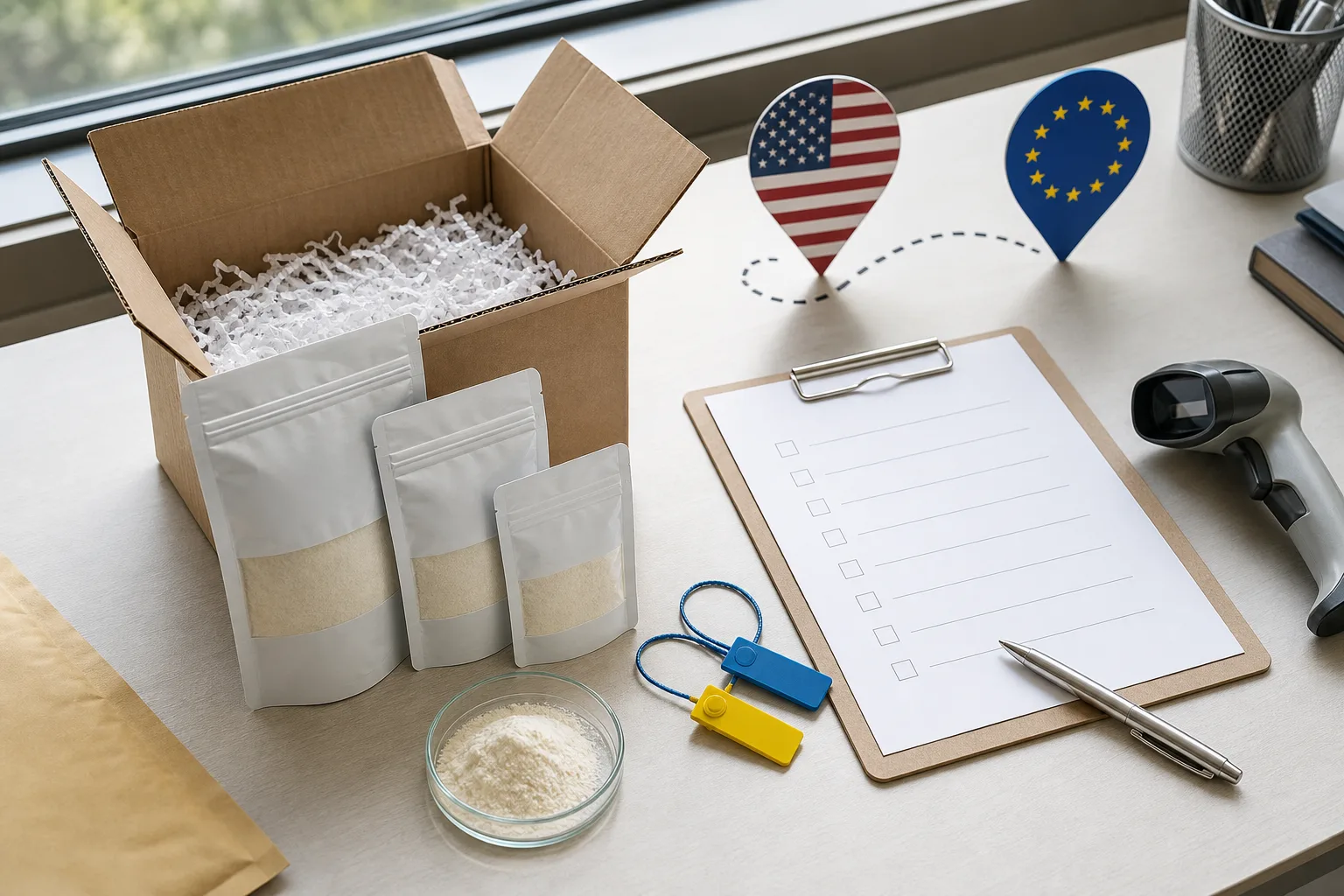 Cross-border phosphatidylserine first-sample shipment setup with small sealed sample packs, a plain courier carton, blank invoice and packing cards, U.S. and EU route markers, tamper seals, and a receiving checklist on a daylight shipping desk
