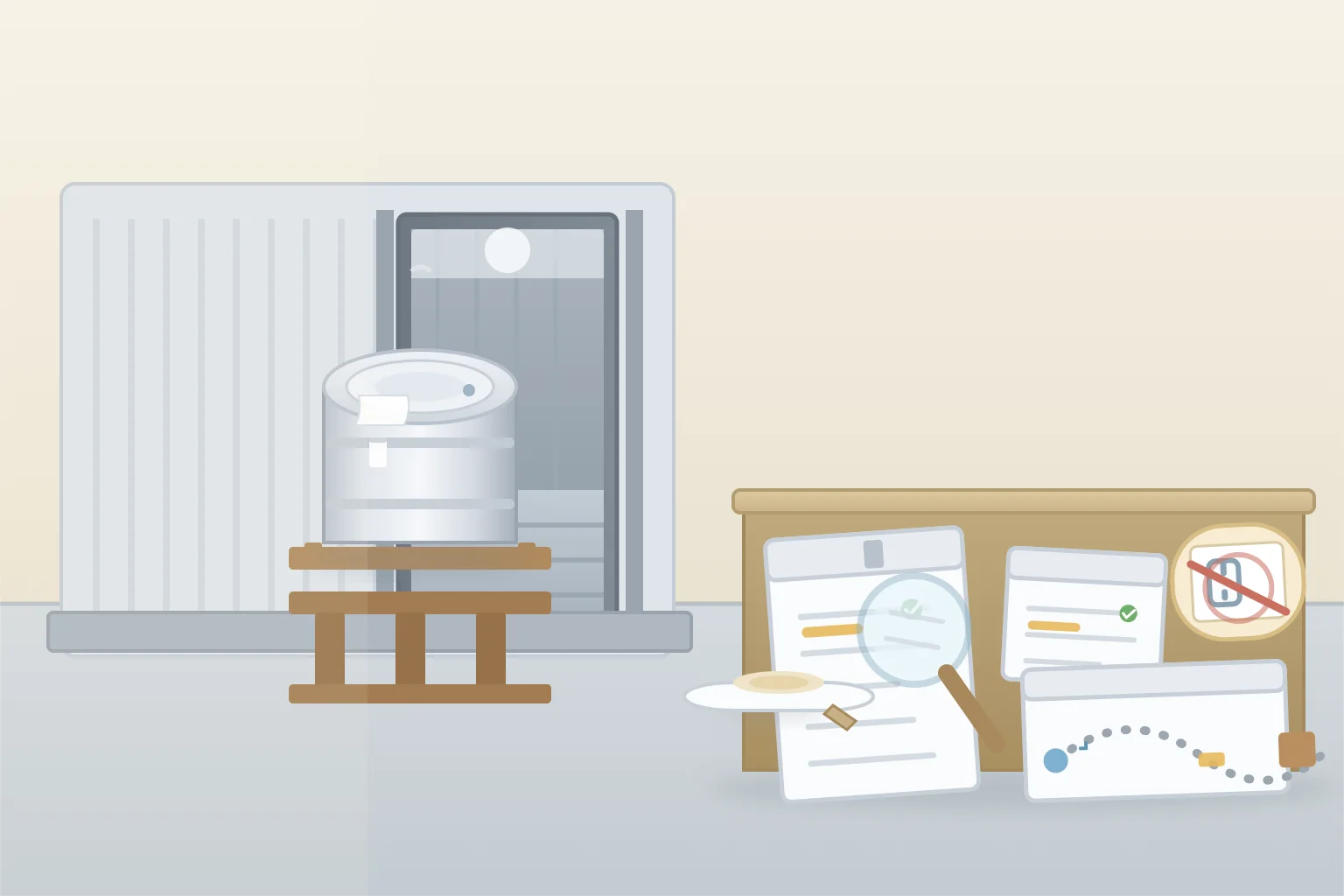 US domestic trucking compliance scene for a phosphatidylserine shipment at a clean dry-van terminal in daylight with a sealed plain 25 kilogram drum on a pallet at the trailer threshold, an intact food-grade liner flap, a blank sanitary-condition inspection clipboard under a magnifier, a driver training card with a checkmark, a no-temperature-control tag, a blank route-map card from port to warehouse with a highway, and a wide-open clean trailer interior