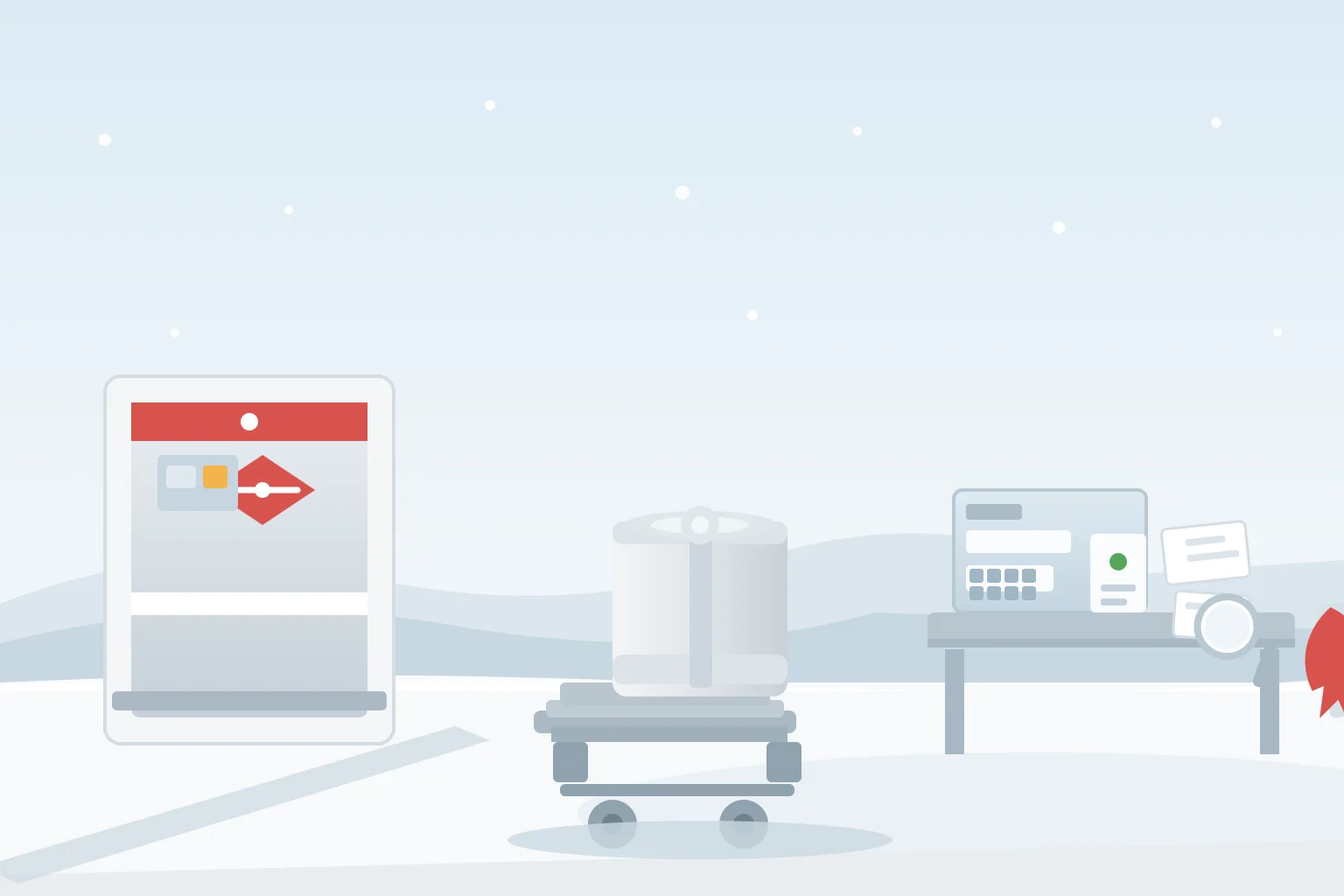 Canadian food-import licensing review with a sealed plain 25 kilogram phosphatidylserine drum, an unreadable licence-portal screen showing an abstract eight-character code tile, blank activity and commodity cards, a maple-leaf route marker beside a snow-dusted border gateway, and a broker handoff board for declaration and HS code checks in cool winter daylight