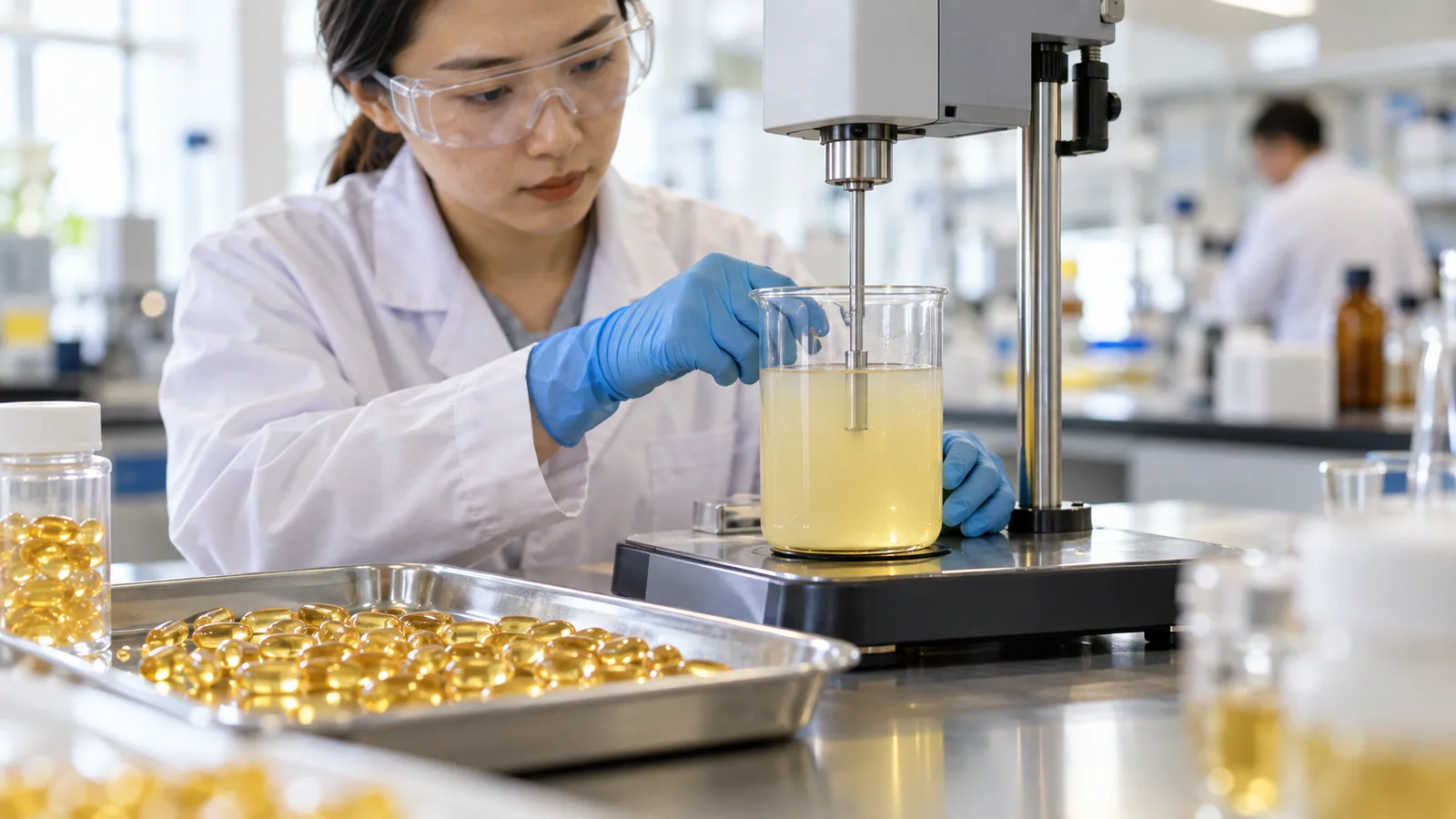 Formulation scientist checking viscosity and suspension uniformity of a phosphatidylserine softgel fill