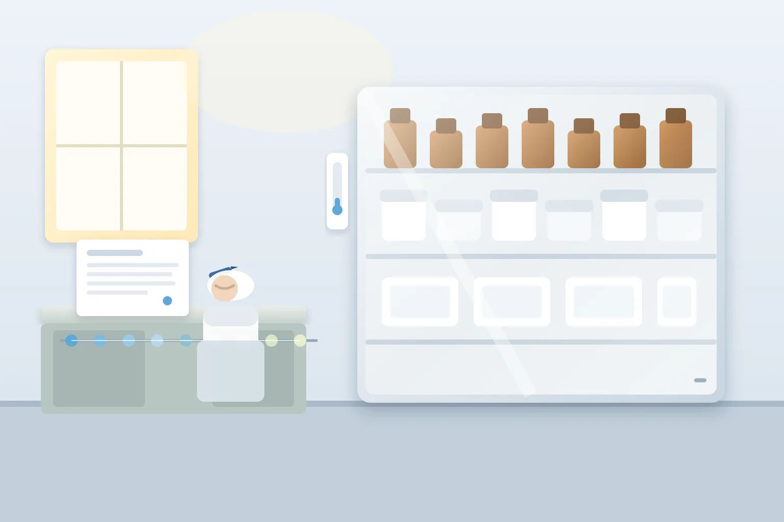 European quality laboratory with an open glass-front stability chamber holding amber supplement bottles, sealed white powder tubs, and pouch samples on timepoint shelves, a blank protocol card, and an abstract timepoint track in cool morning light