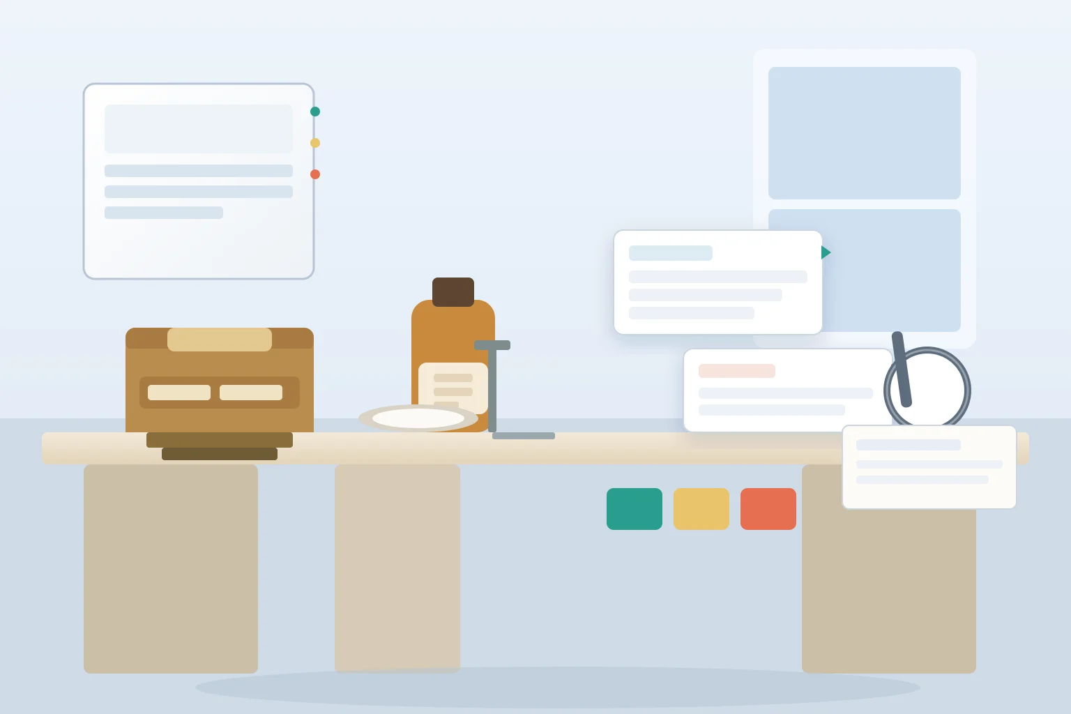 US supplement claims-review desk in daylight with a sealed plain 25 kilogram phosphatidylserine drum on a pallet, a white powder dish, an amber supplement bottle with a blank label, blank claim-review cards feeding separate green and red decision gates, a magnifier over an evidence sheet, and a scale, with a wall notice board in the background