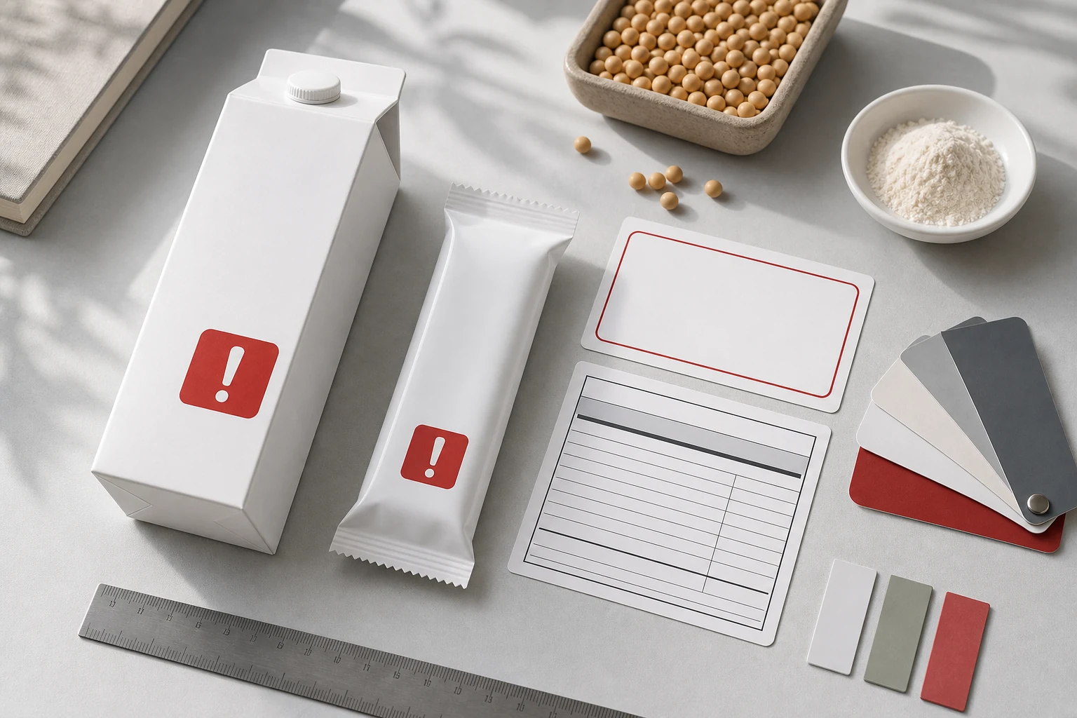 Canadian supplemented-food packaging review with a blank beverage carton and bar wrapper, a bold caution-identifier tile, an empty caution-box card, a Supplemented Food Facts placeholder grid, a phosphatidylserine powder dish, and a soy-source tray on a daylight regulatory desk
