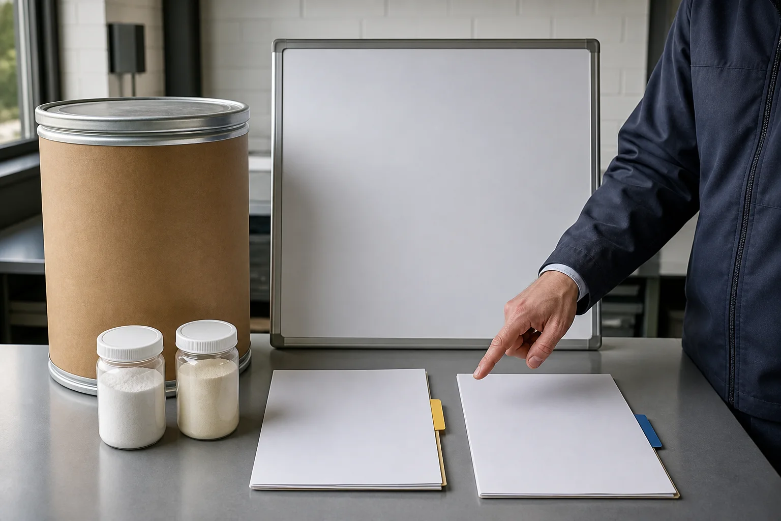 PS supplier change-control review with old and new specification folders, source samples, and a qualification decision board