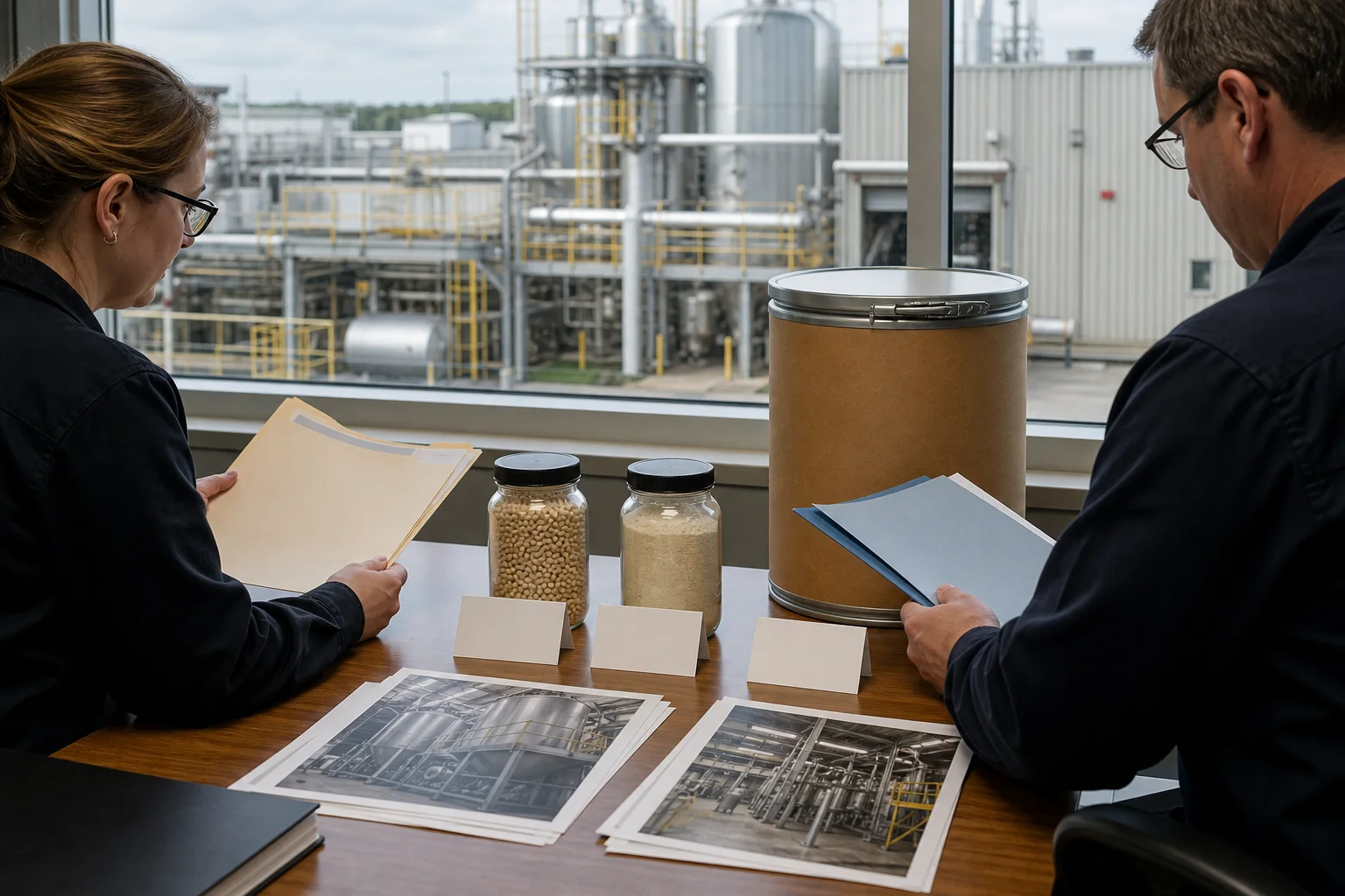 Supplier change-control meeting with soy and sunflower PS samples, sealed drum, blank revision cards, process equipment photographs, and quality reviewers in a daylight technical office