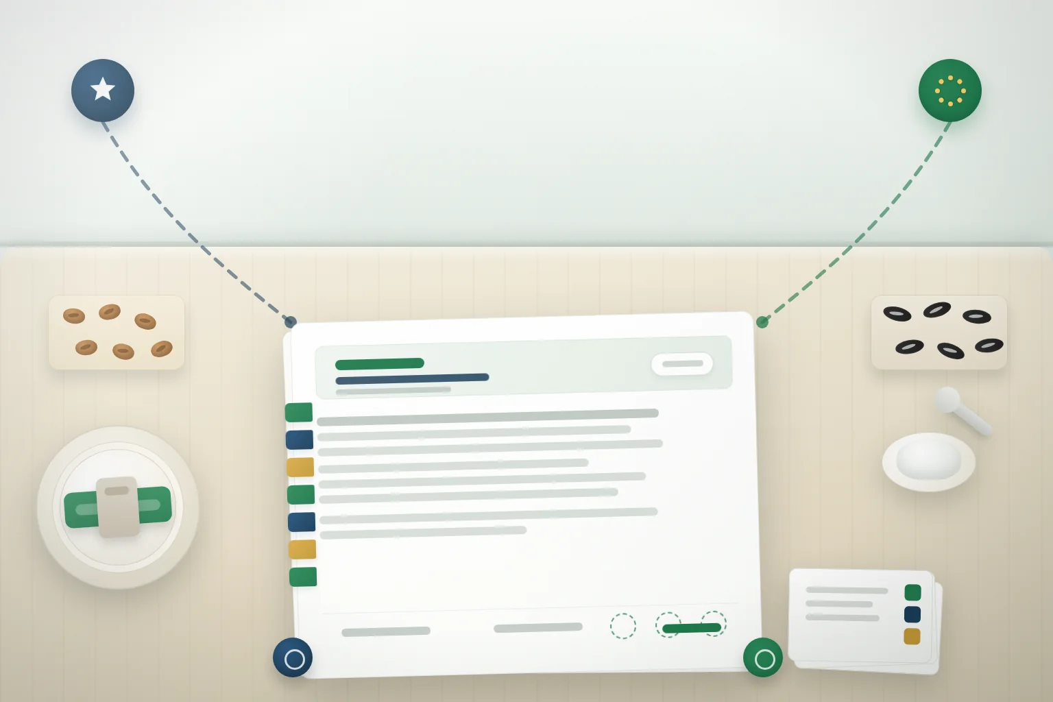 Cross-border phosphatidylserine supplier-quality-agreement review with two procurement and quality reviewers aligning one blank agreement across separate U.S. and EU clause lanes, a sealed 25 kilogram drum edge, a white PS powder dish, soy and sunflower source trays, and tabbed clause dividers in a daylight technical office