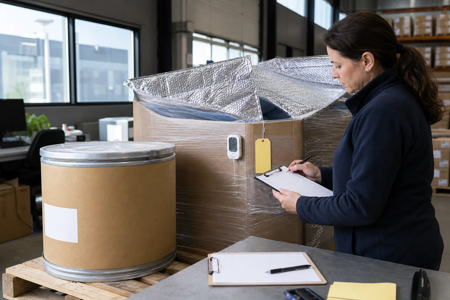 Bulk PS shipment excursion review in a daylight warehouse office with a sealed drum, temperature logger, insulated pallet wrap, blank deviation form, and quality hold tag