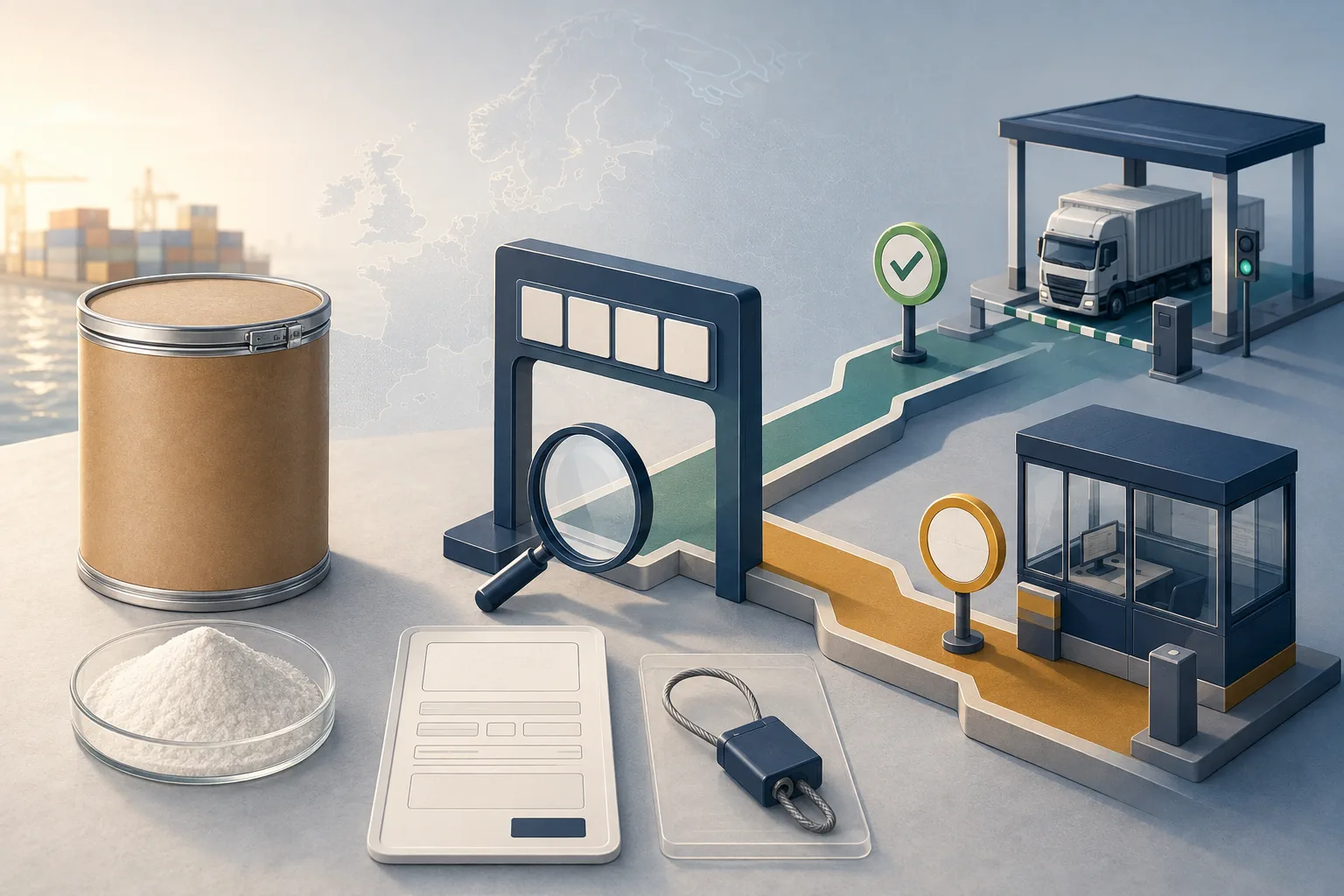 European morning import-routing review with a sealed plain 25 kilogram phosphatidylserine drum, white powder sample, abstract product-classification gate, and diverging routine customs and food border-control lanes beside a blank electronic entry form and container seal