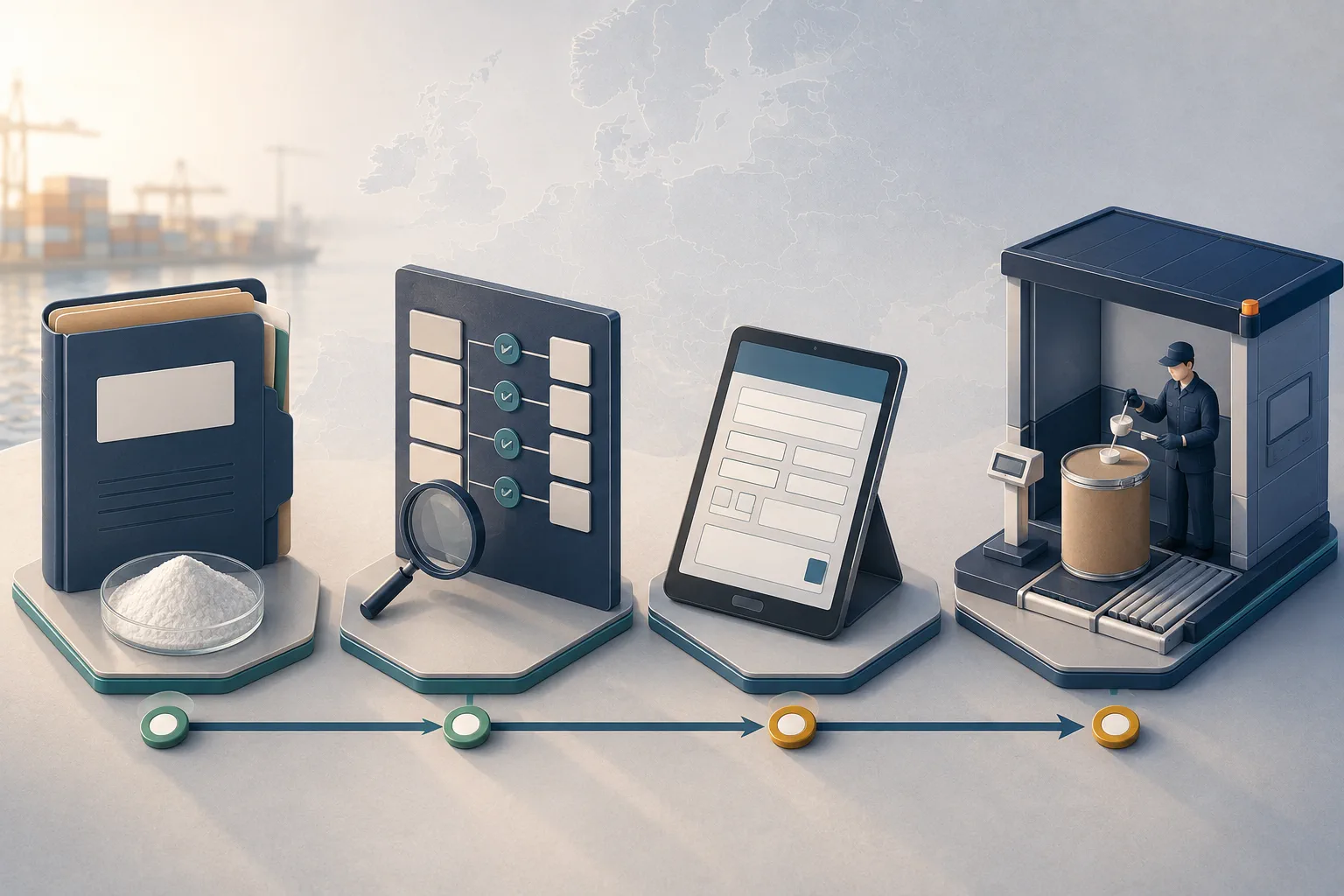 Four-stage EU phosphatidylserine import-control workflow showing product identity, code and country matching, an electronic CHED-D form, and a border inspection bay